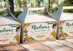 Tropical Bird Birthday Favor Box Label, Editable (Instant Download)