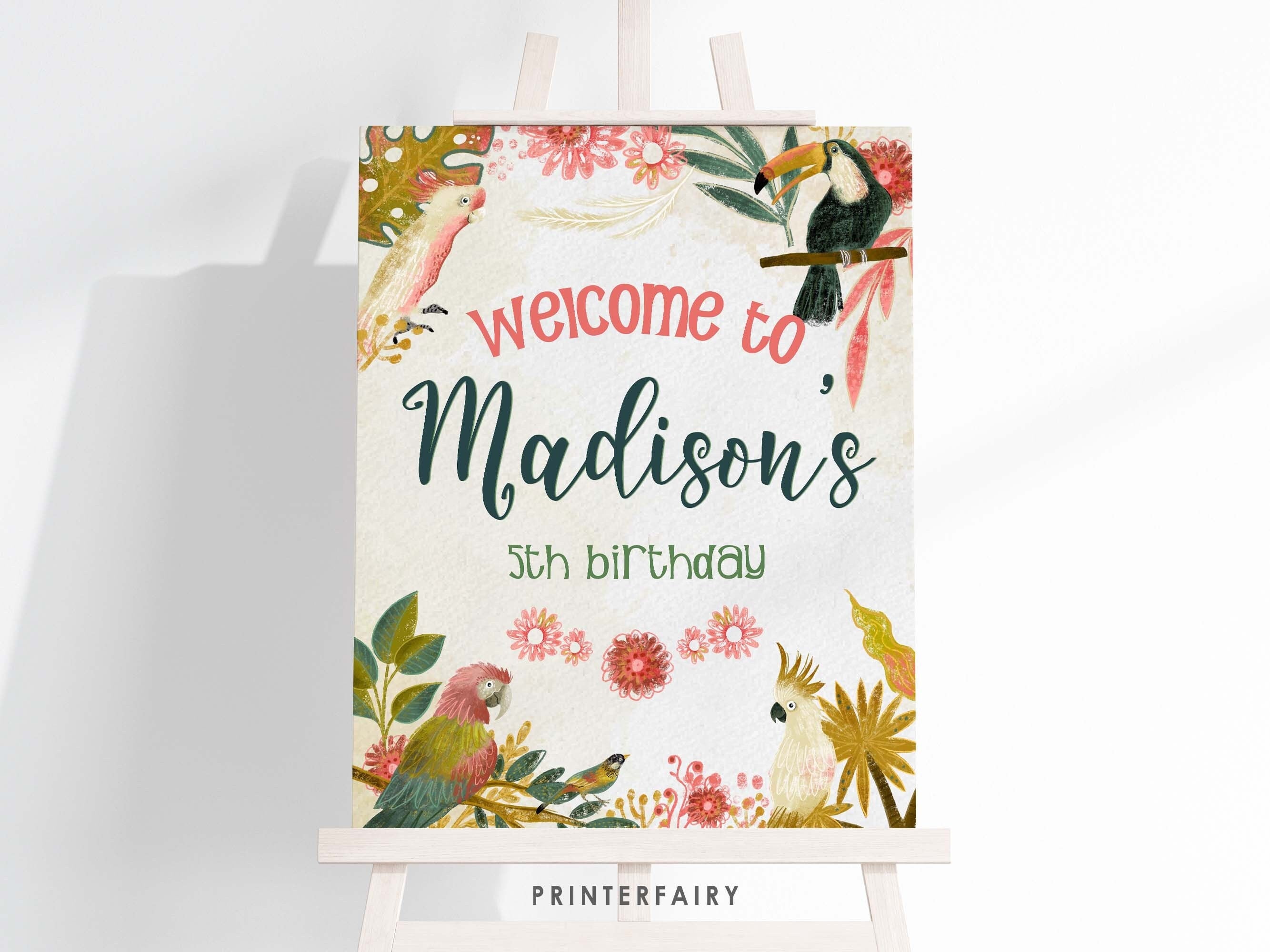 Tropical Bird Birthday Welcome Sign, Luau Party Decor (Instant Download)