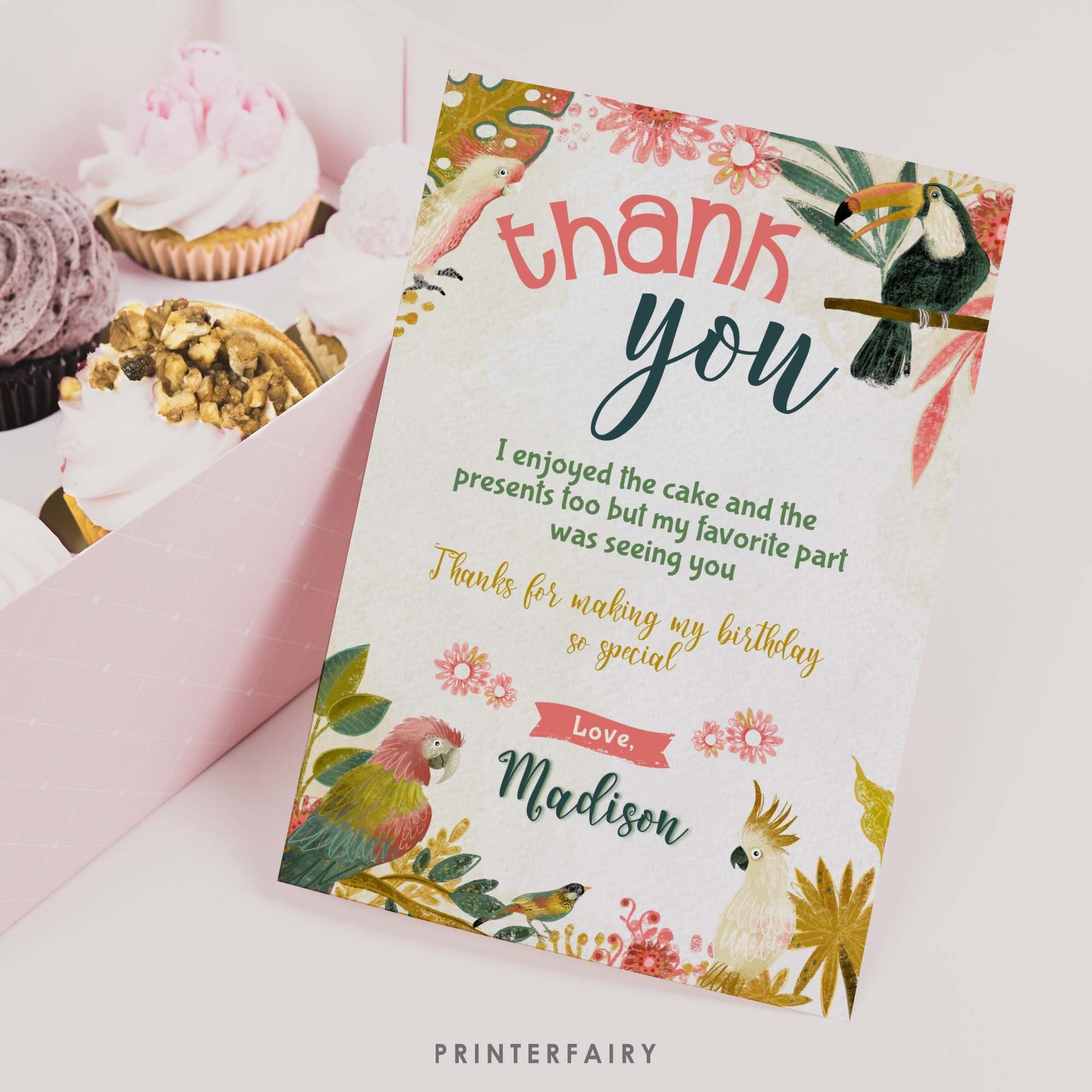 Tropical Birds Birthday Thank You Card, Editable Template (Instant Download)