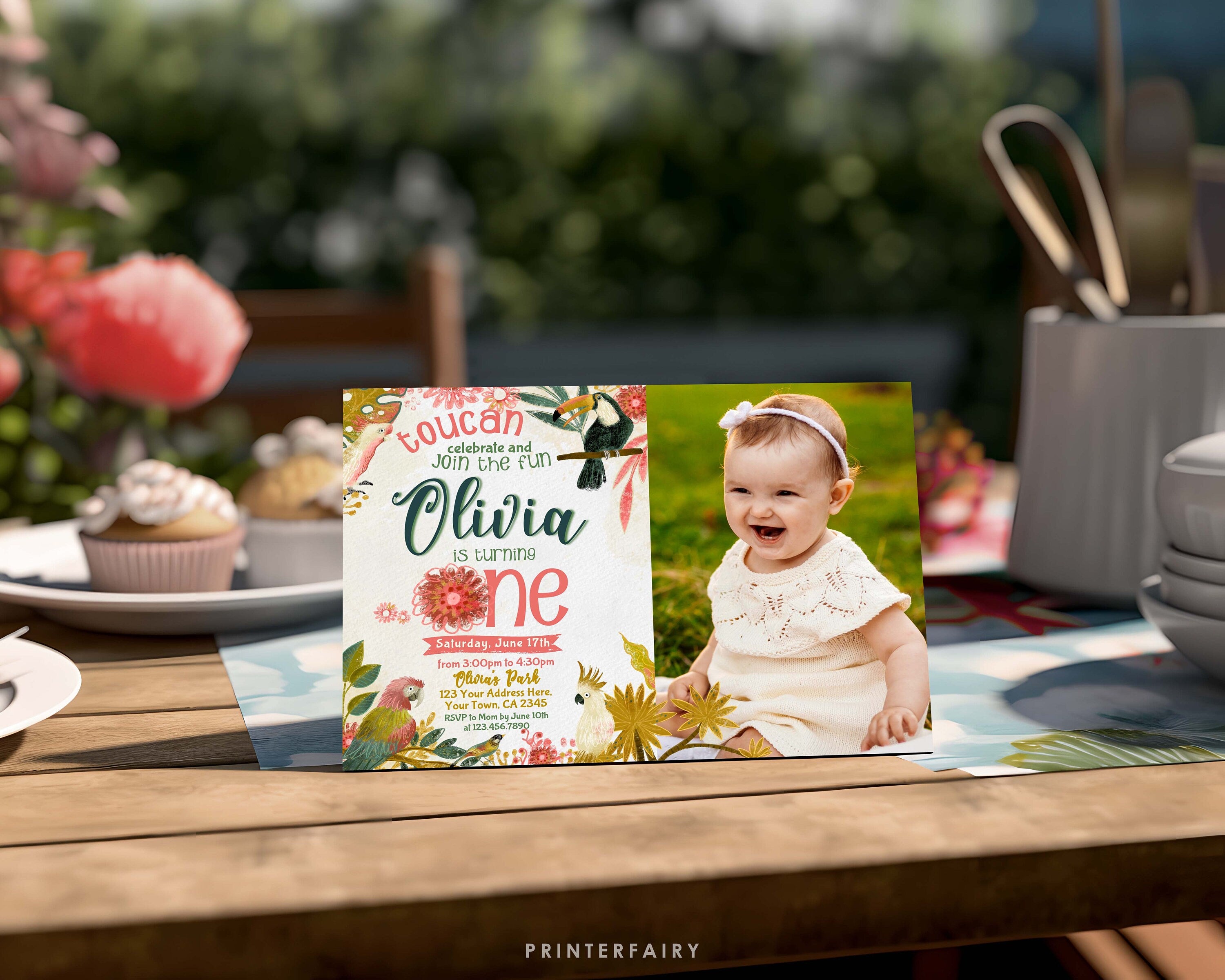 Tropical Toucan First Birthday Invitation, Photo, EDITABLE (Digital Item)