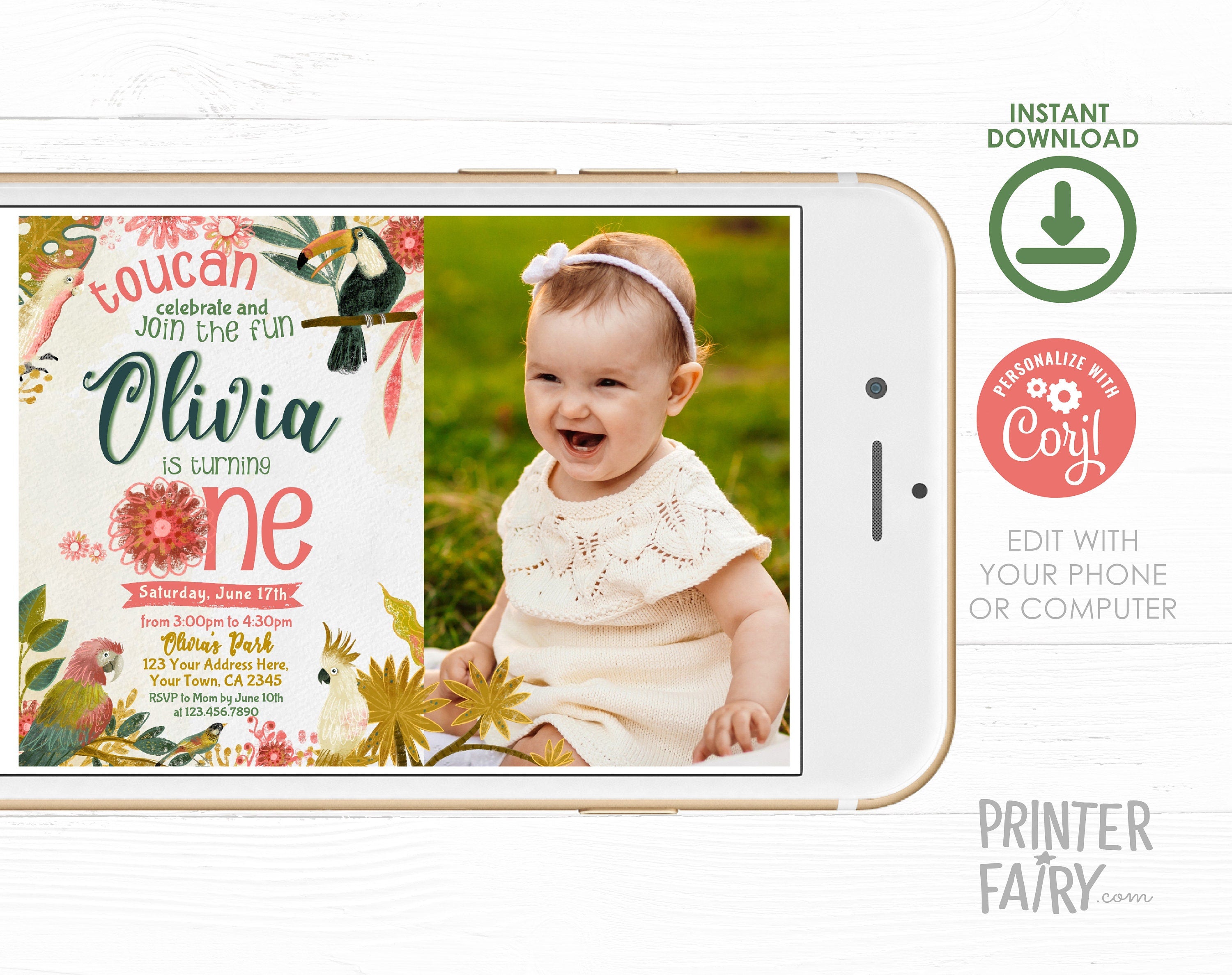 Tropical Toucan First Birthday Invitation, Photo, EDITABLE (Digital Item)