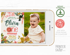 Tropical Toucan First Birthday Invitation, Photo, EDITABLE (Digital Item)