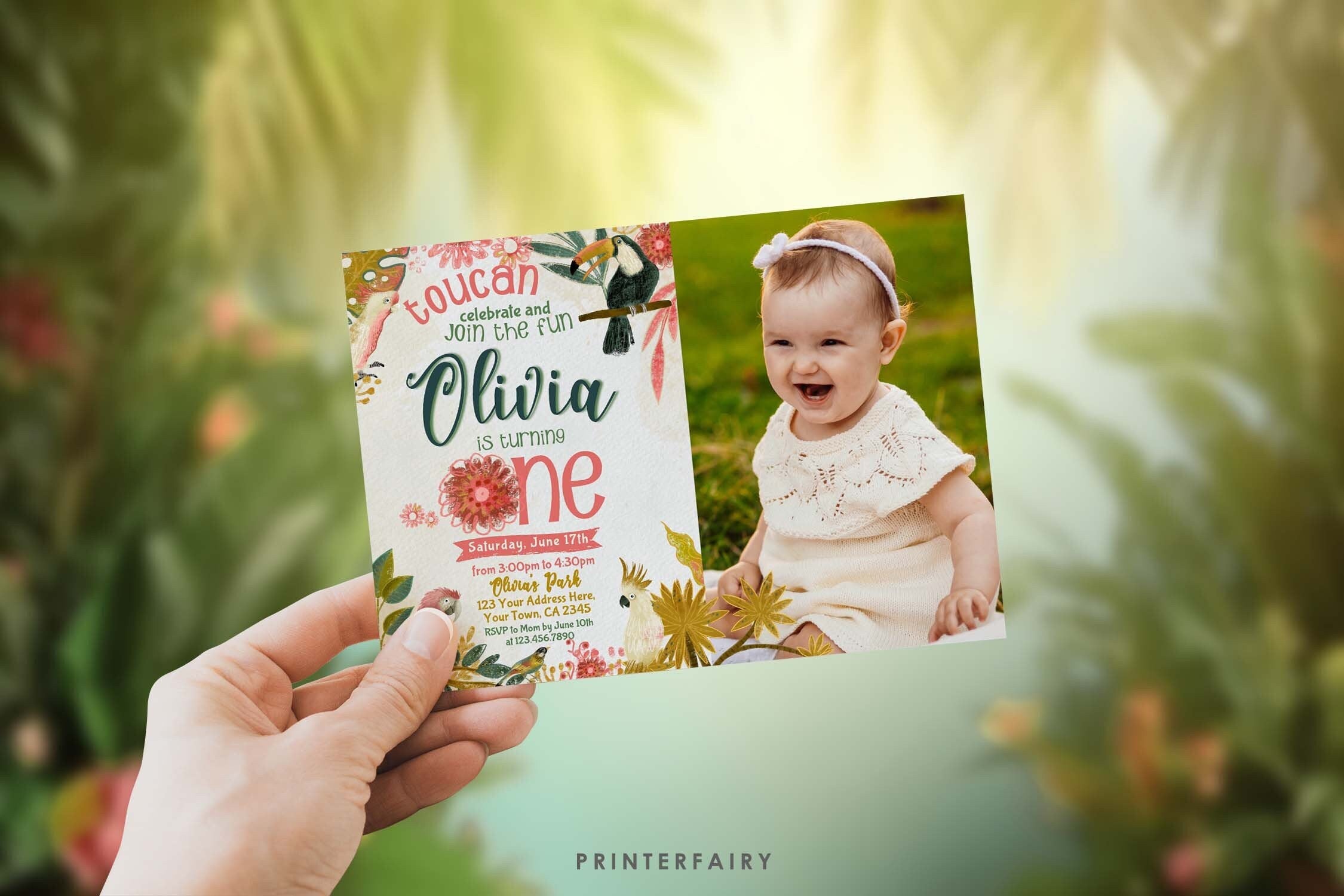 Tropical Toucan First Birthday Invitation, Photo, EDITABLE (Digital Item)