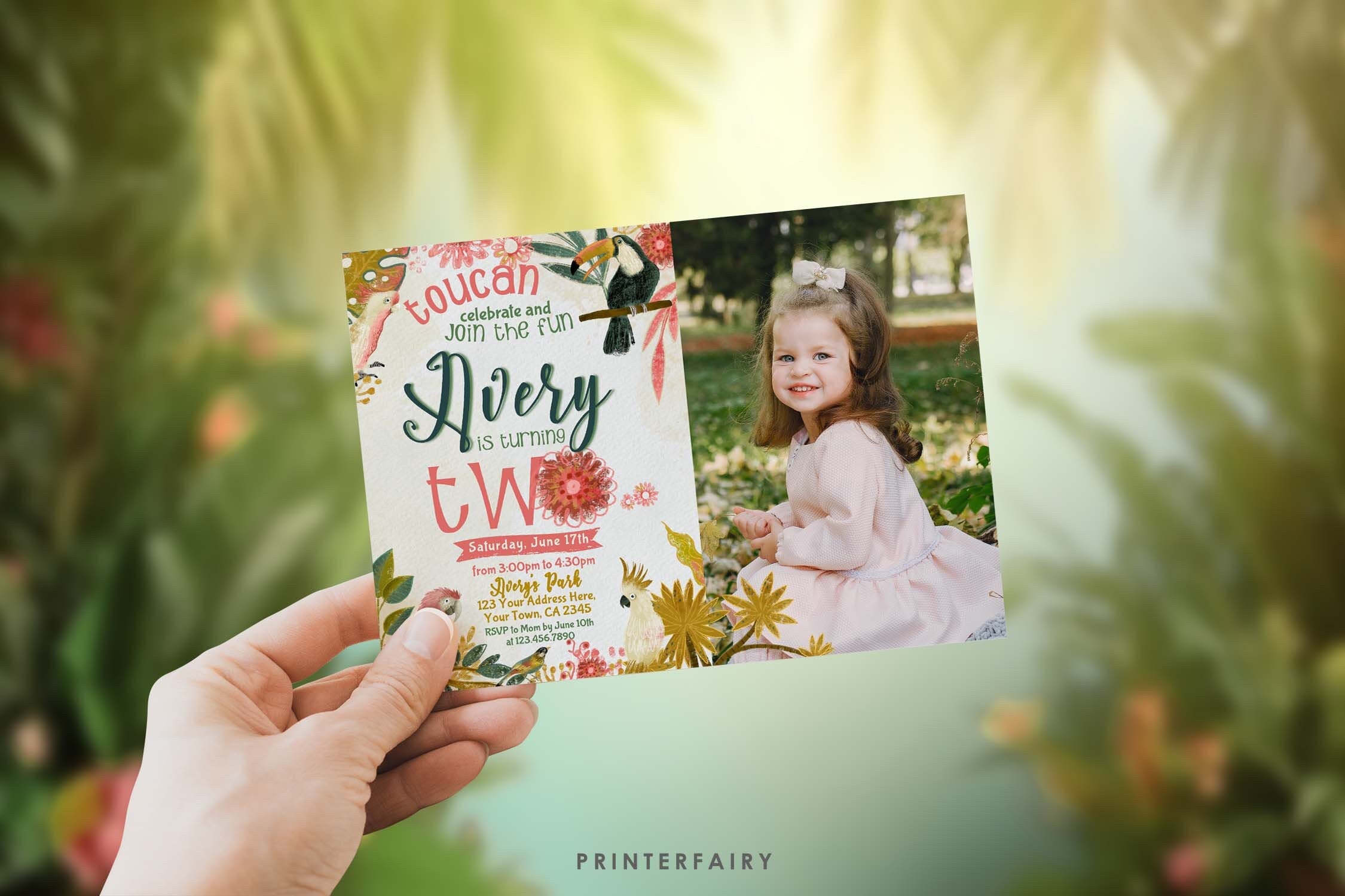 Tropical Birds Birthday Invitation, Luau Party, Photo, Editable (Digital Download)