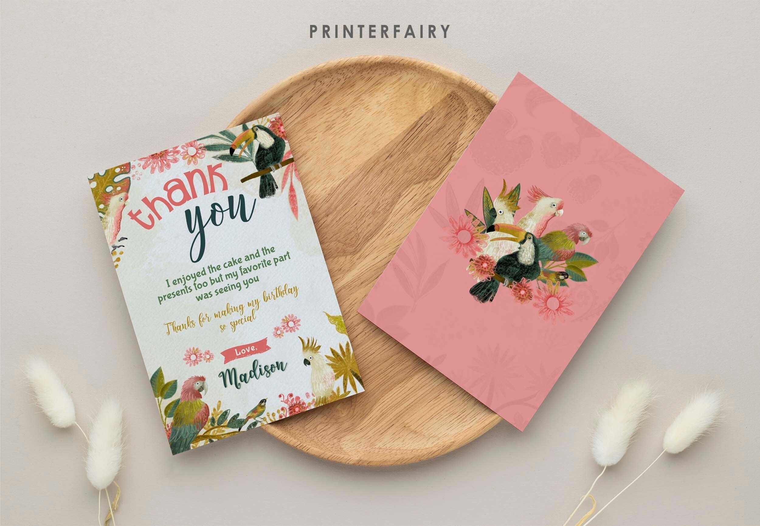 Tropical Birds Birthday Thank You Card, Editable Template (Instant Download)