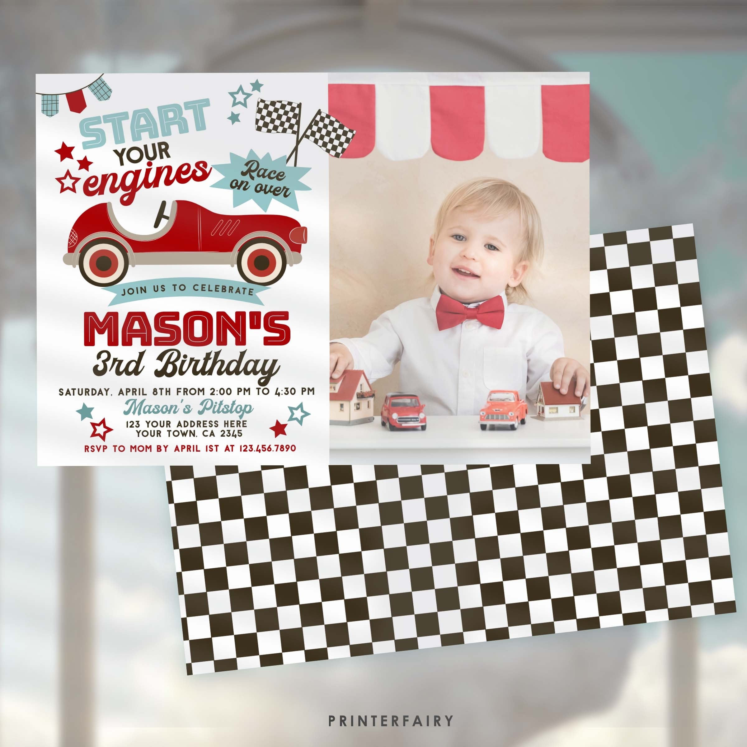 Race Car Birthday Invitation with Photo, Editable Racing Party (Printable)