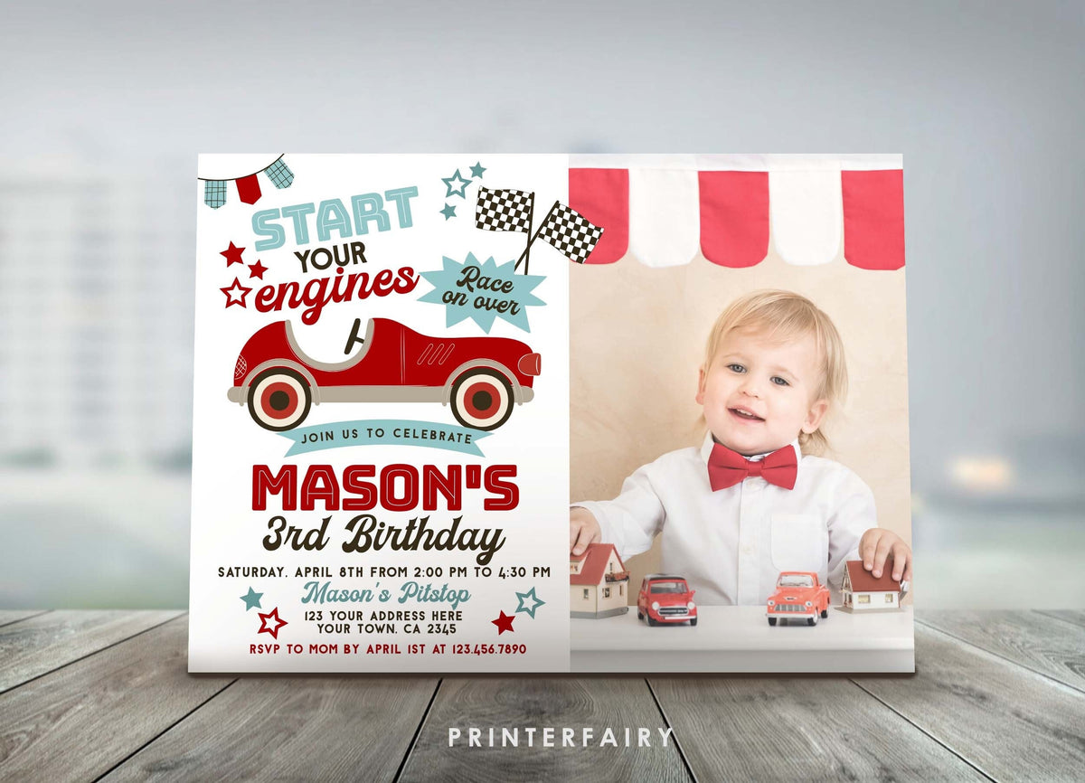 Race Car Birthday Invitation with Photo, Editable Racing Party (Printable)