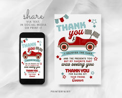 Race Car Birthday Thank You Card, Editable Racing Party (Digital Item)
