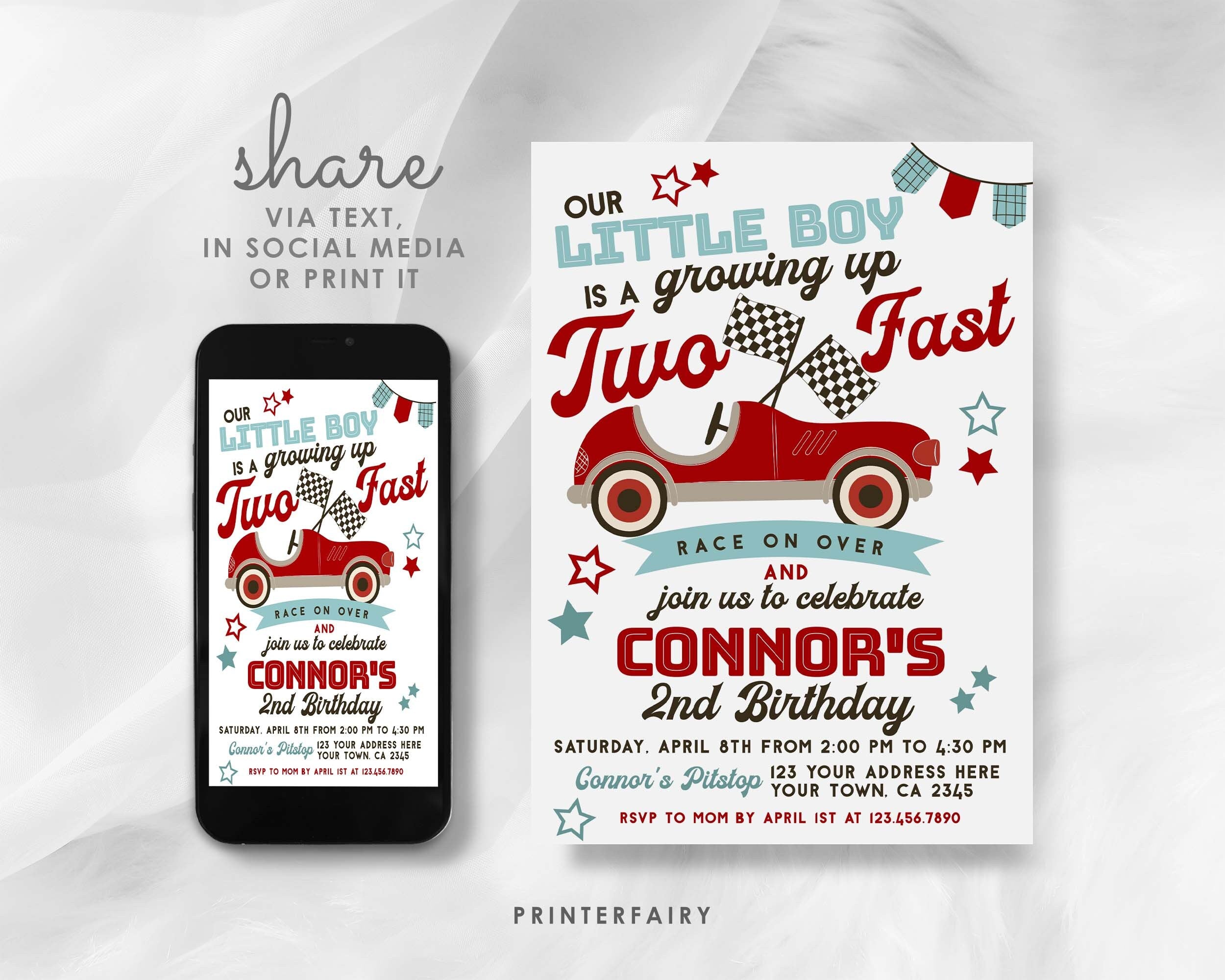 Race Car 2nd Birthday Invitation, Two Fast Party (Editable)