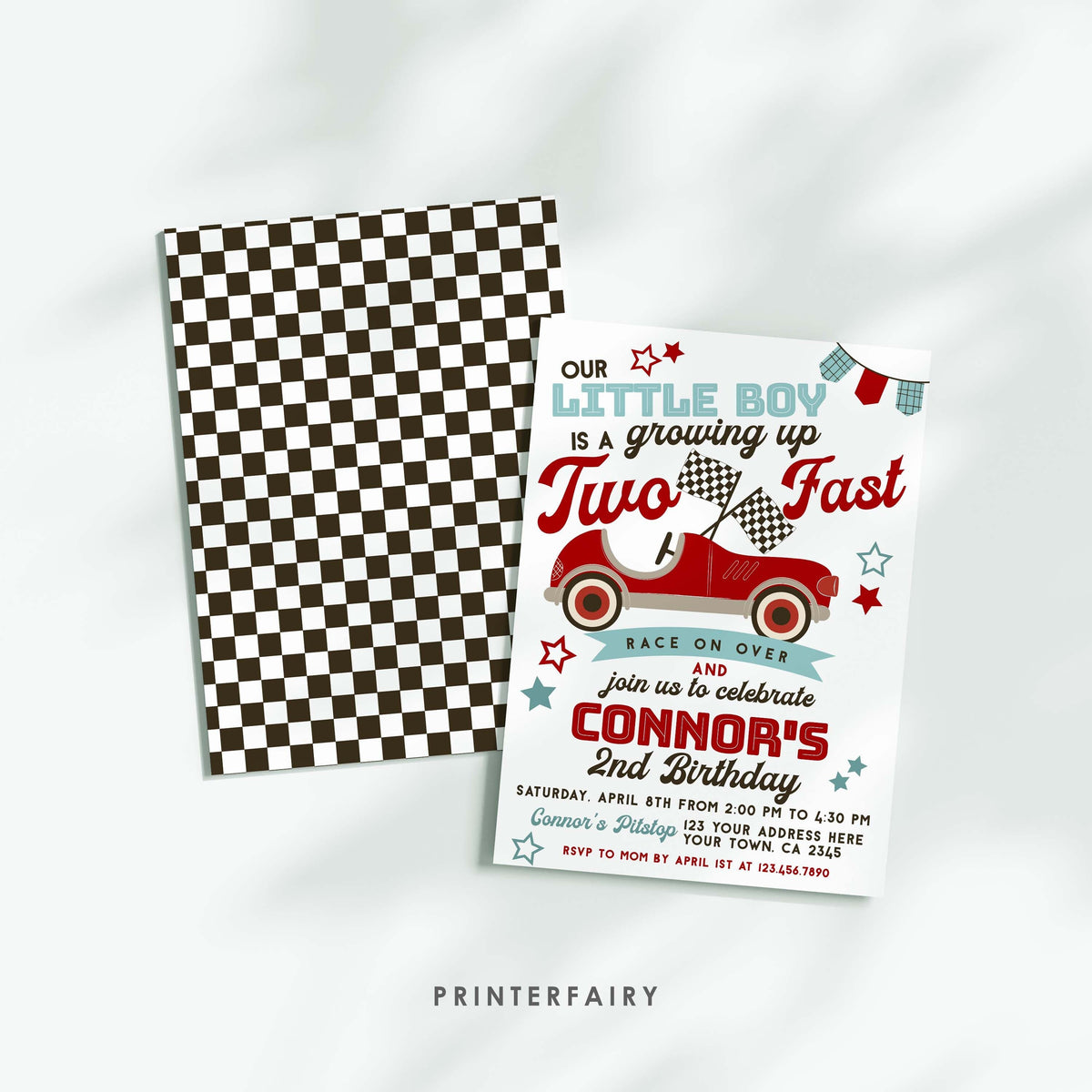 Race Car 2nd Birthday Invitation, Two Fast Party (Editable)