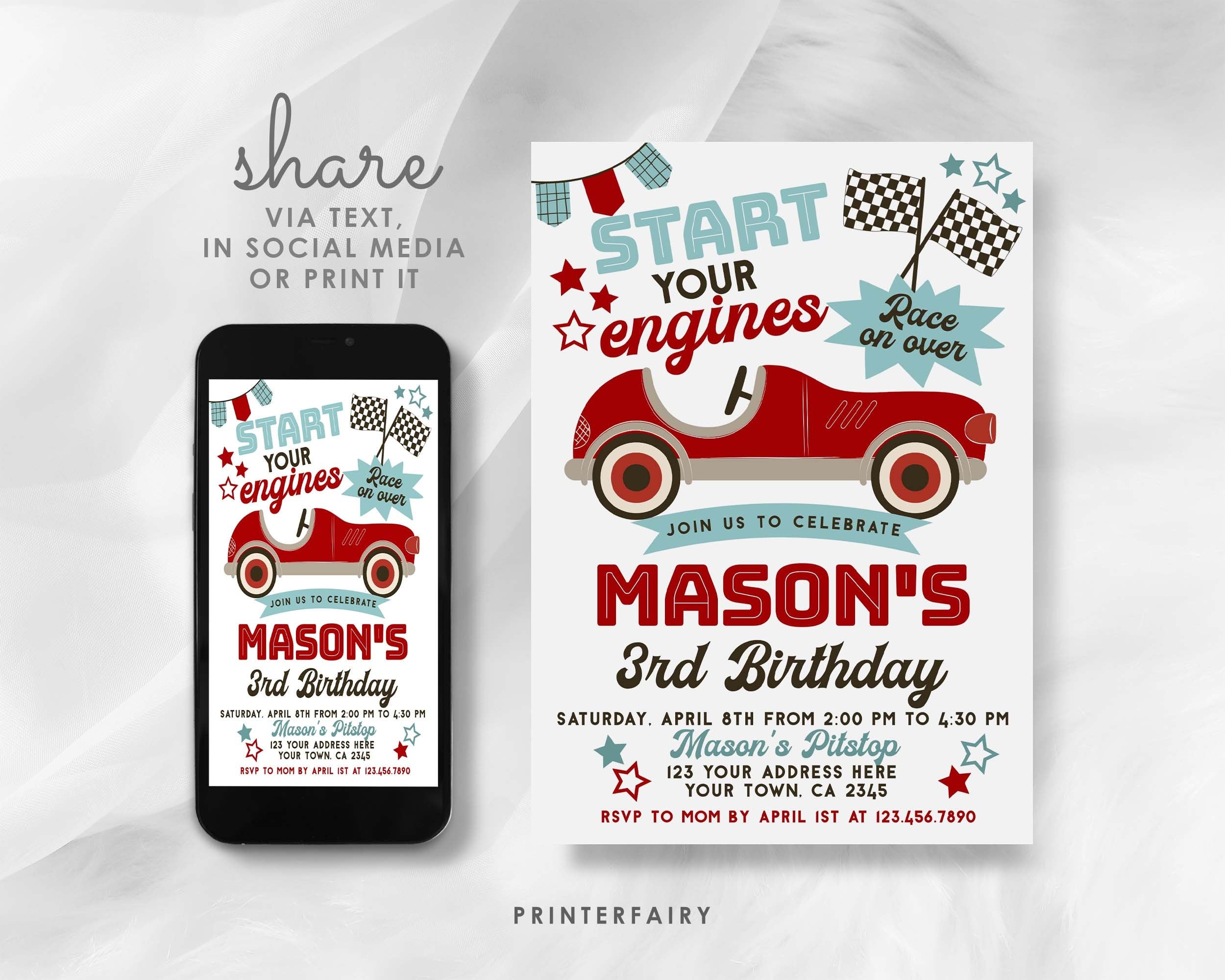 Race Car Birthday Invitation, Editable Racing Party (Digital)