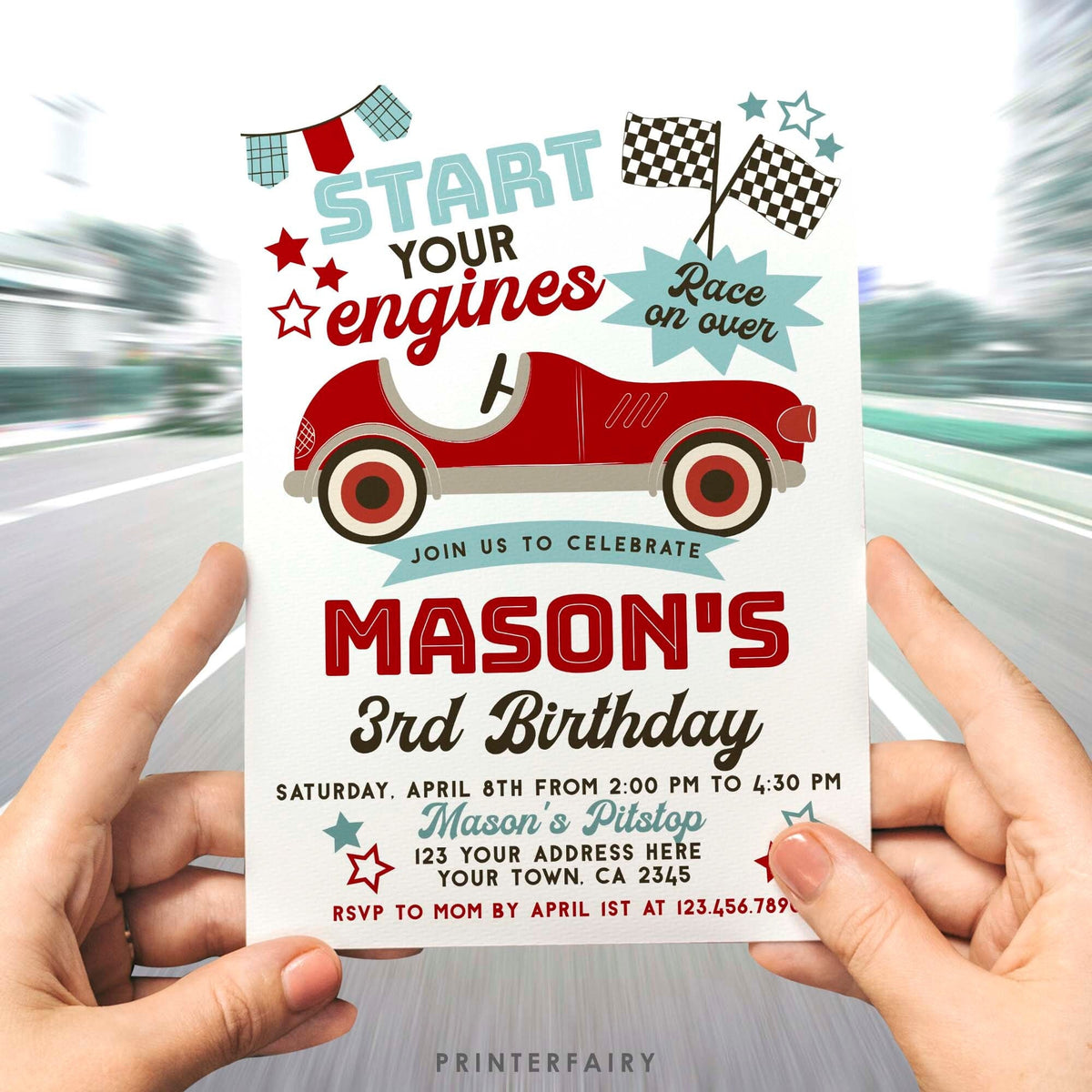 Race Car Birthday Invitation, Editable Racing Party (Digital)