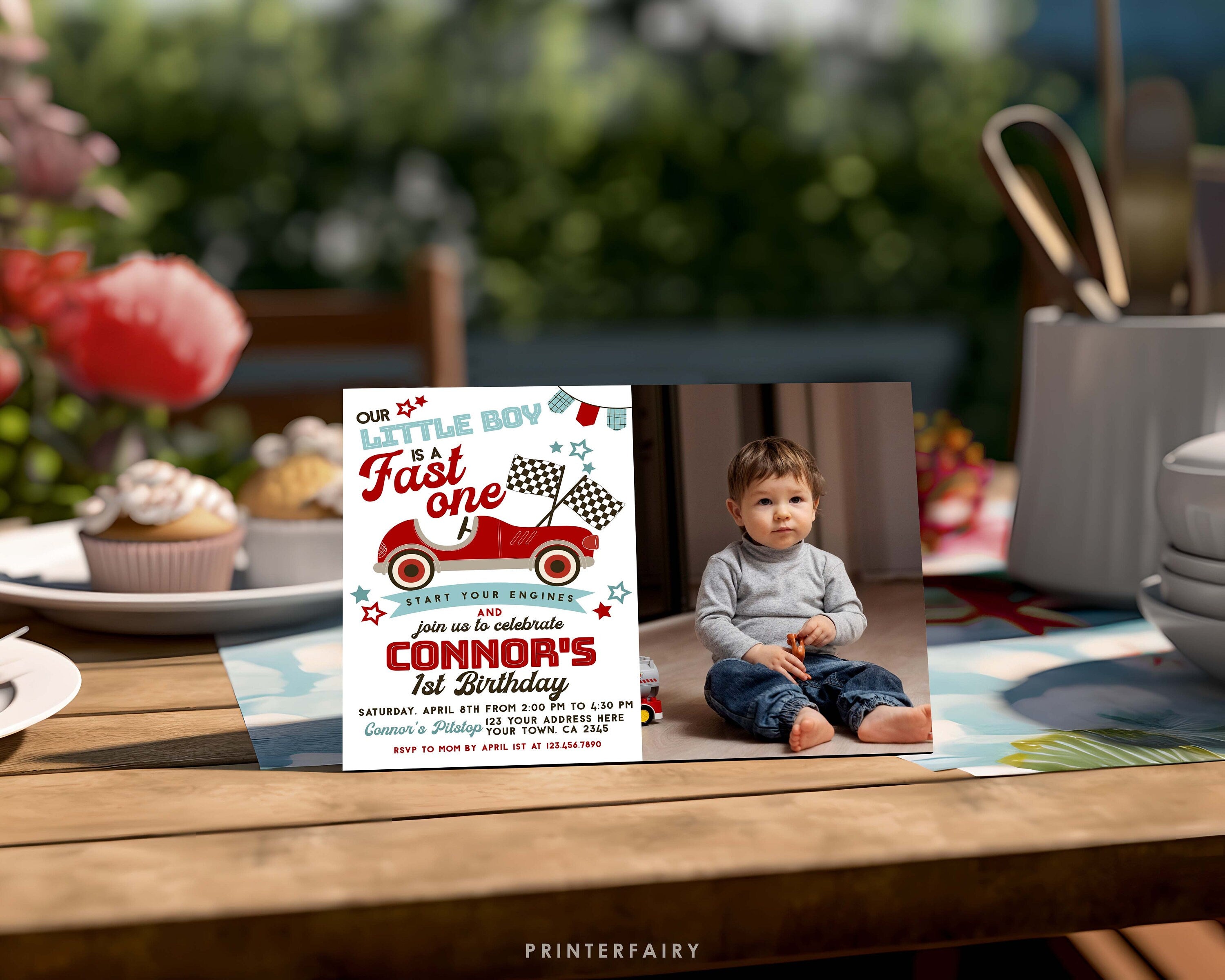 Race Car 1st Birthday Invitation with Photo, Editable (Digital Item)