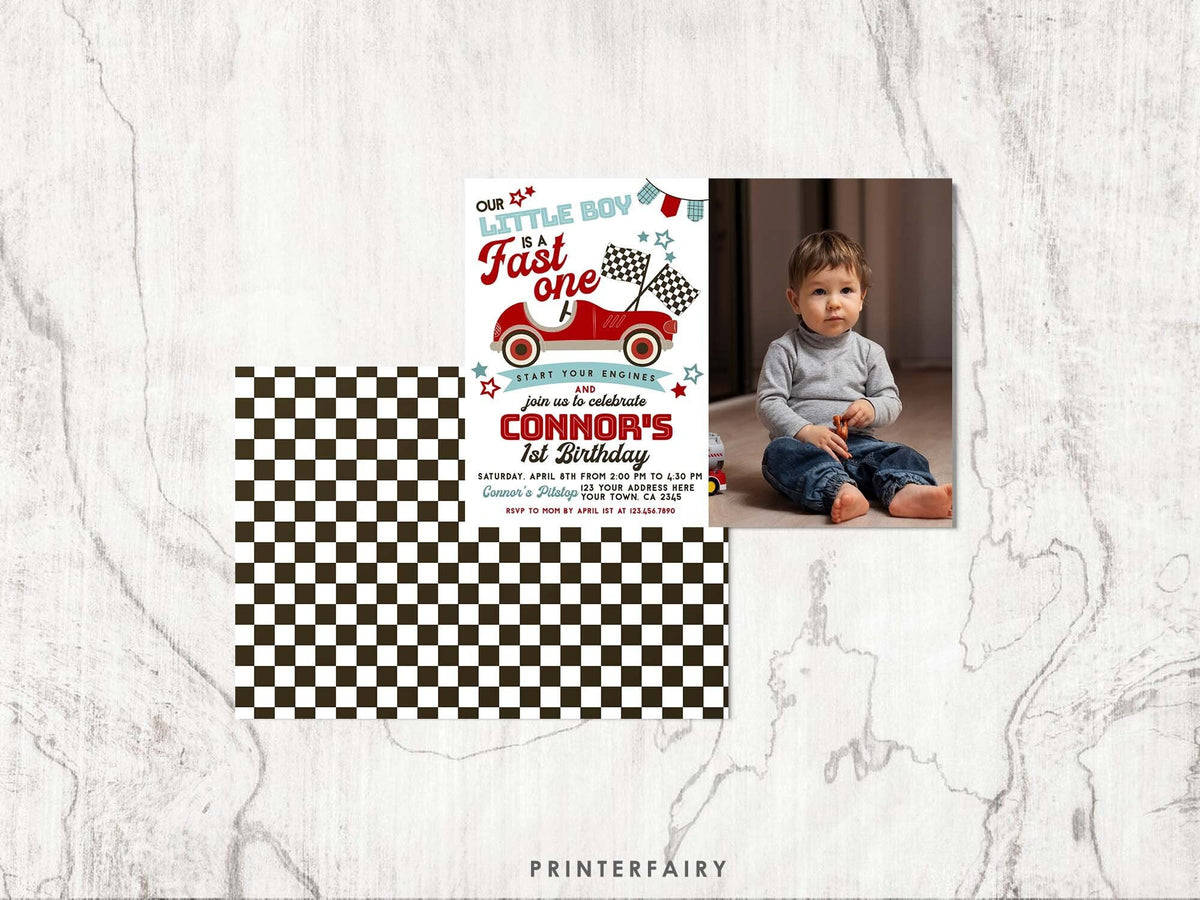 Race Car 1st Birthday Invitation with Photo, Editable (Digital Item)