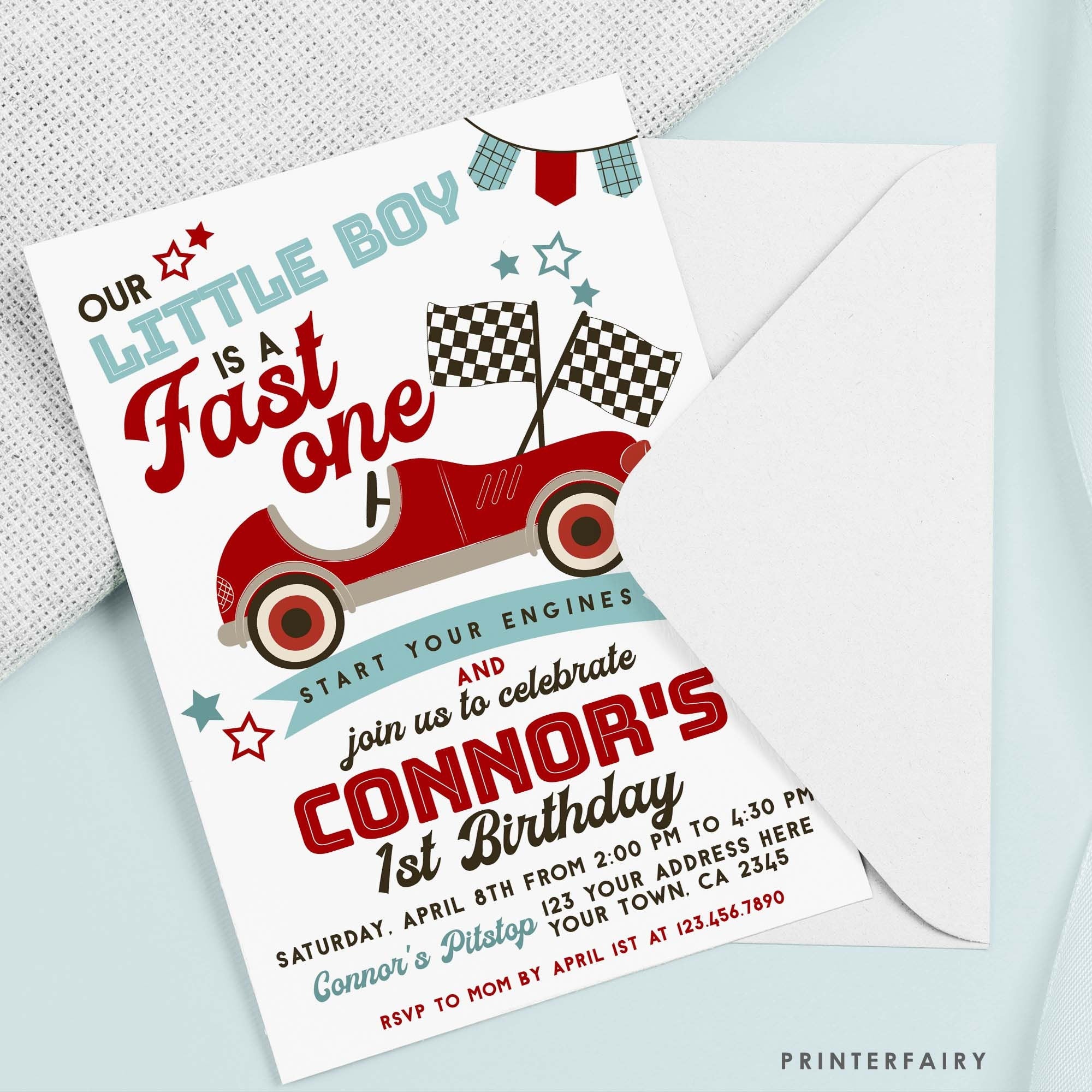 Race Car First Birthday Invitation, Fast One Editable Template (Digital Download)