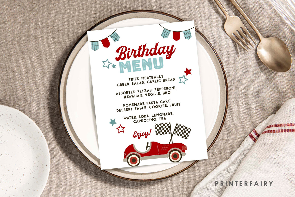 Race Car Birthday Party Menu, EDITABLE dinner sign, Racing Car Party, Racing Party Decorations, Racing Car Birthday Party, Printable Menu