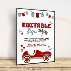 Race Car Birthday Sign, Editable Racing Party Decor (Digital Download)