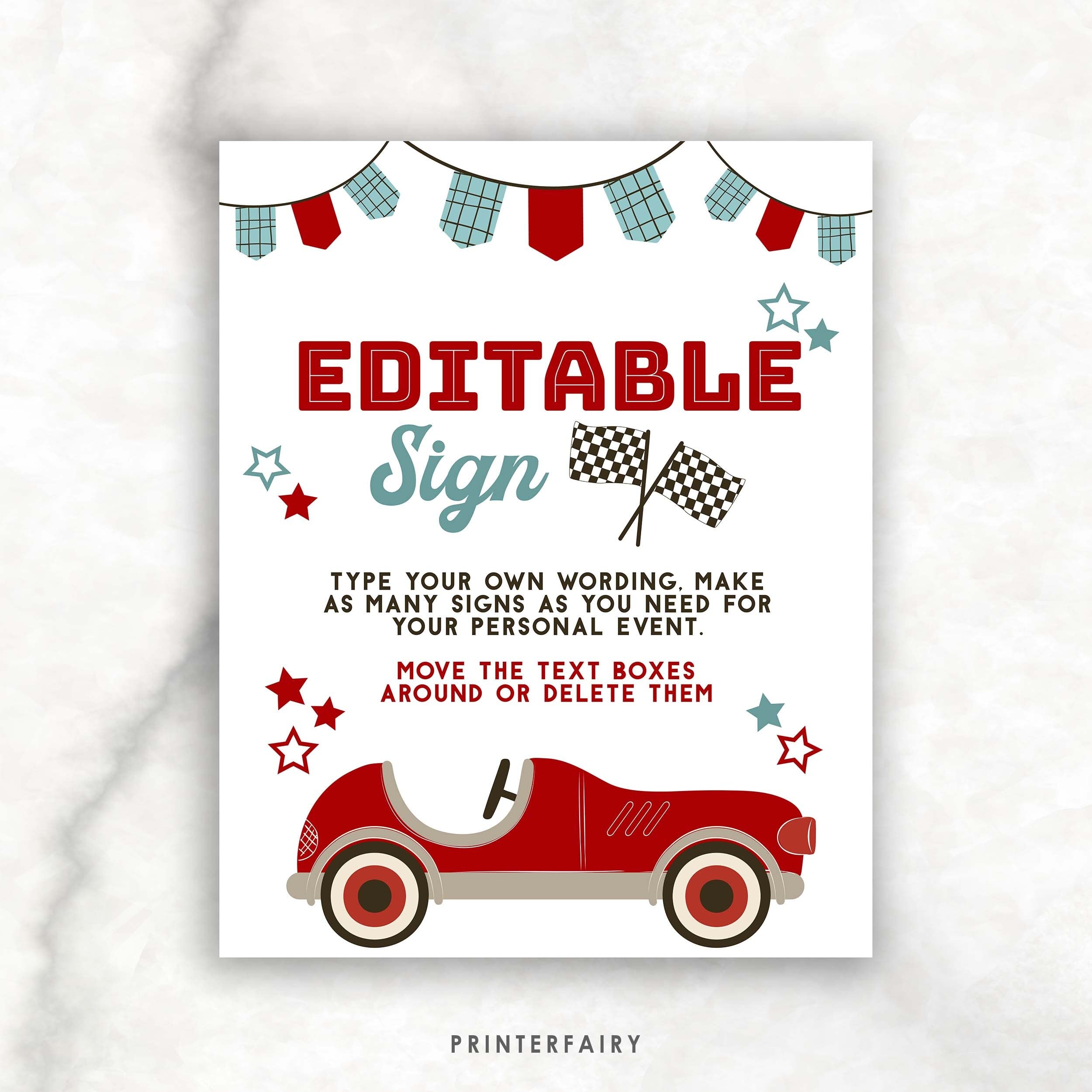 Race Car Birthday Sign, Editable Racing Party Decor (Digital Download)