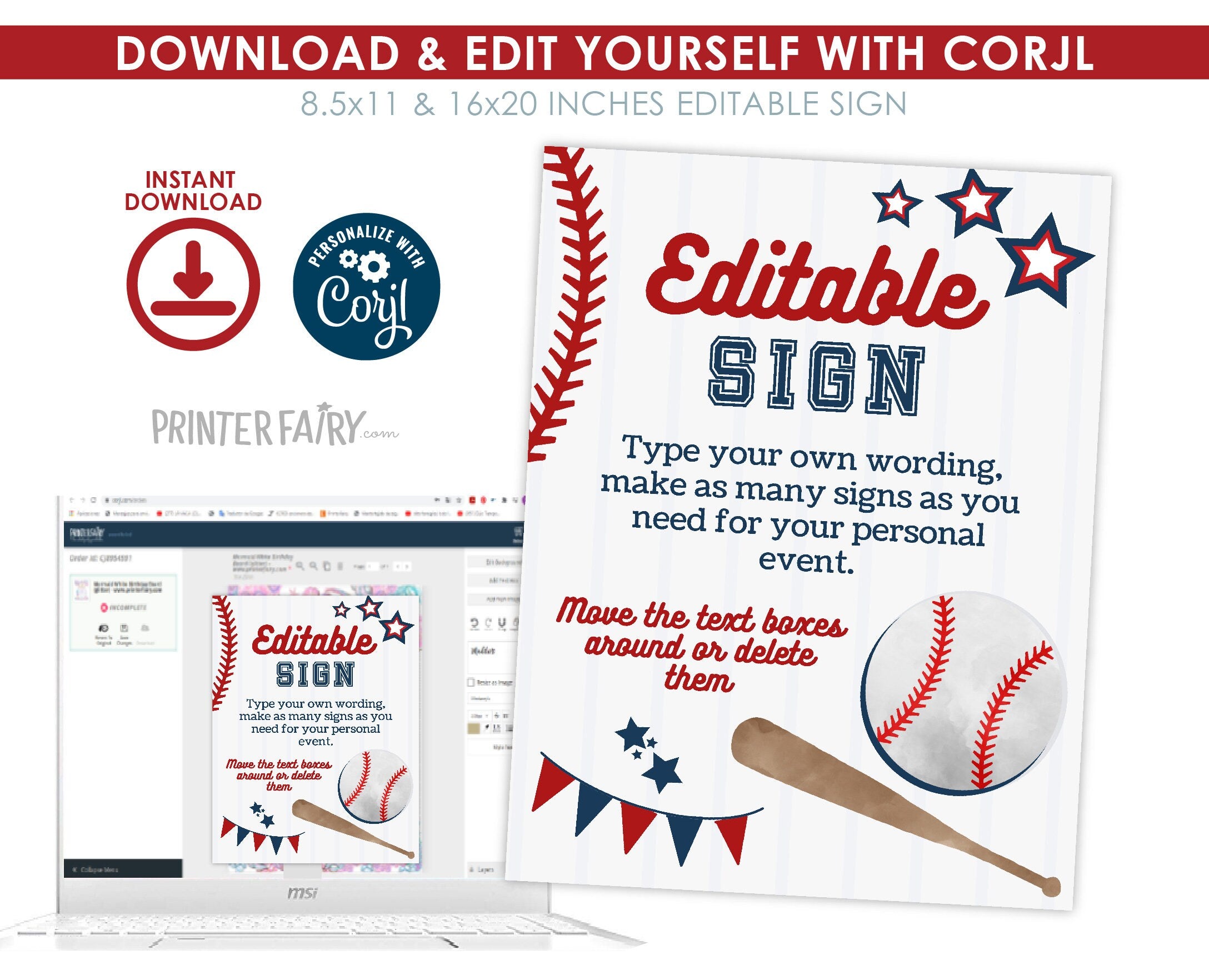 Baseball Birthday Sign, Editable Party Poster (Digital)