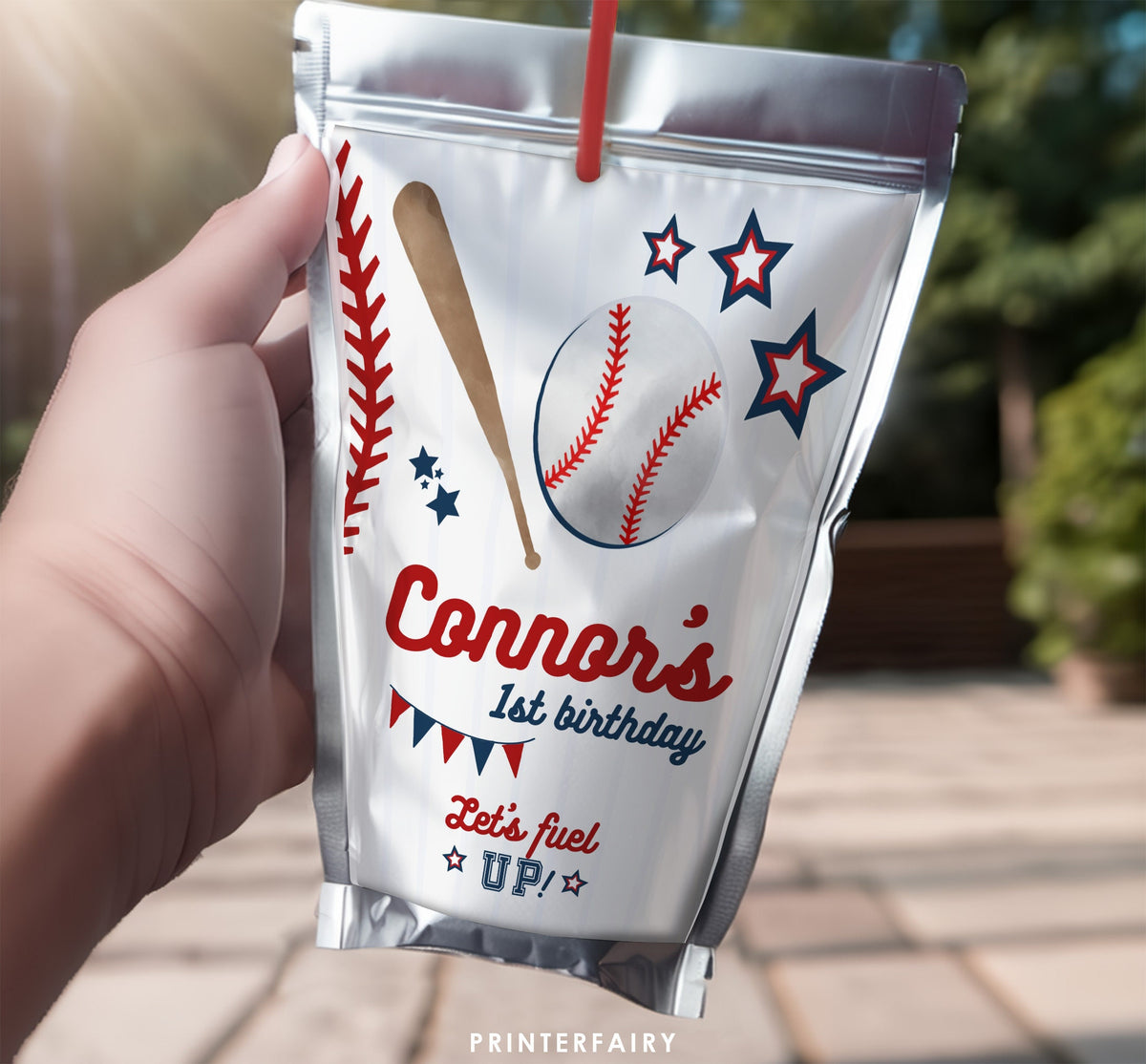 Editable Baseball Birthday Drink Pouch Label (Digital)