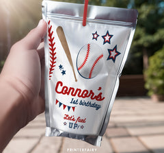 Editable Baseball Birthday Drink Pouch Label (Digital)