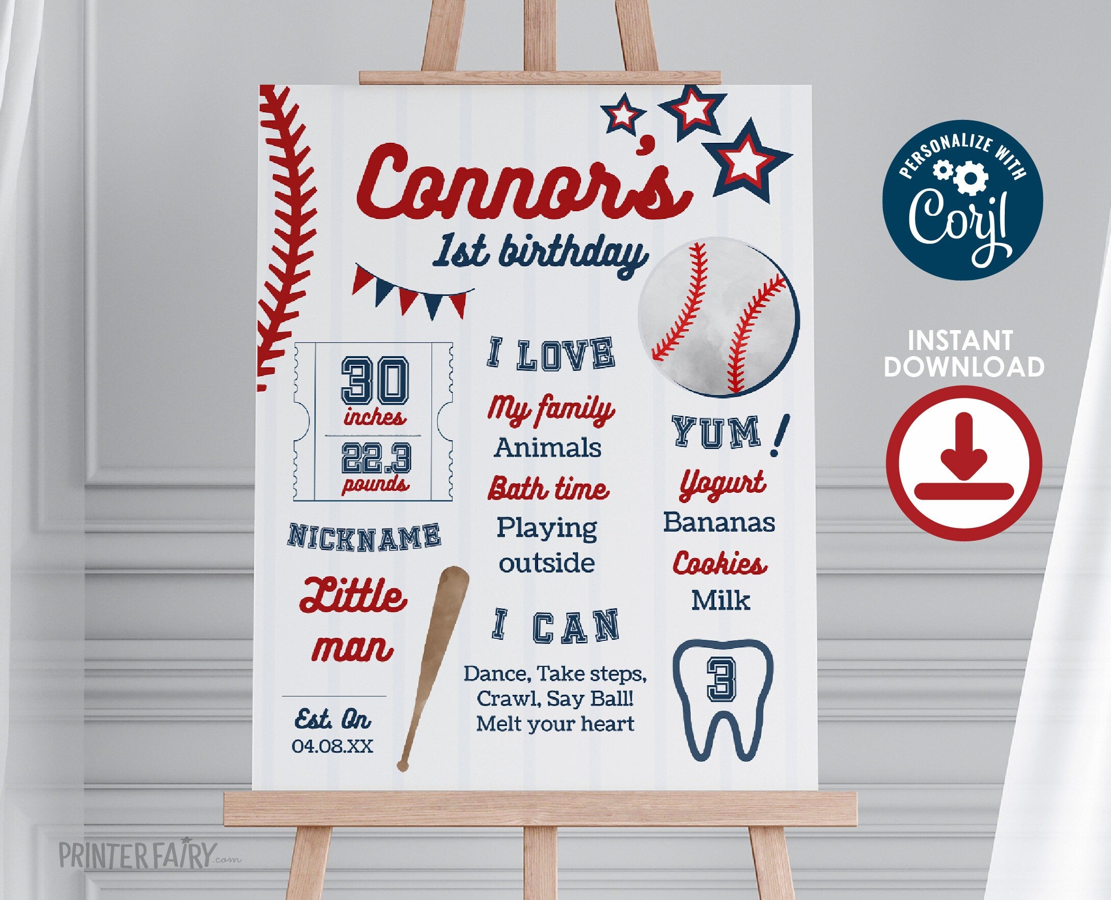 Baseball Birthday Milestones Board, Sports Party Decor (EDITABLE)