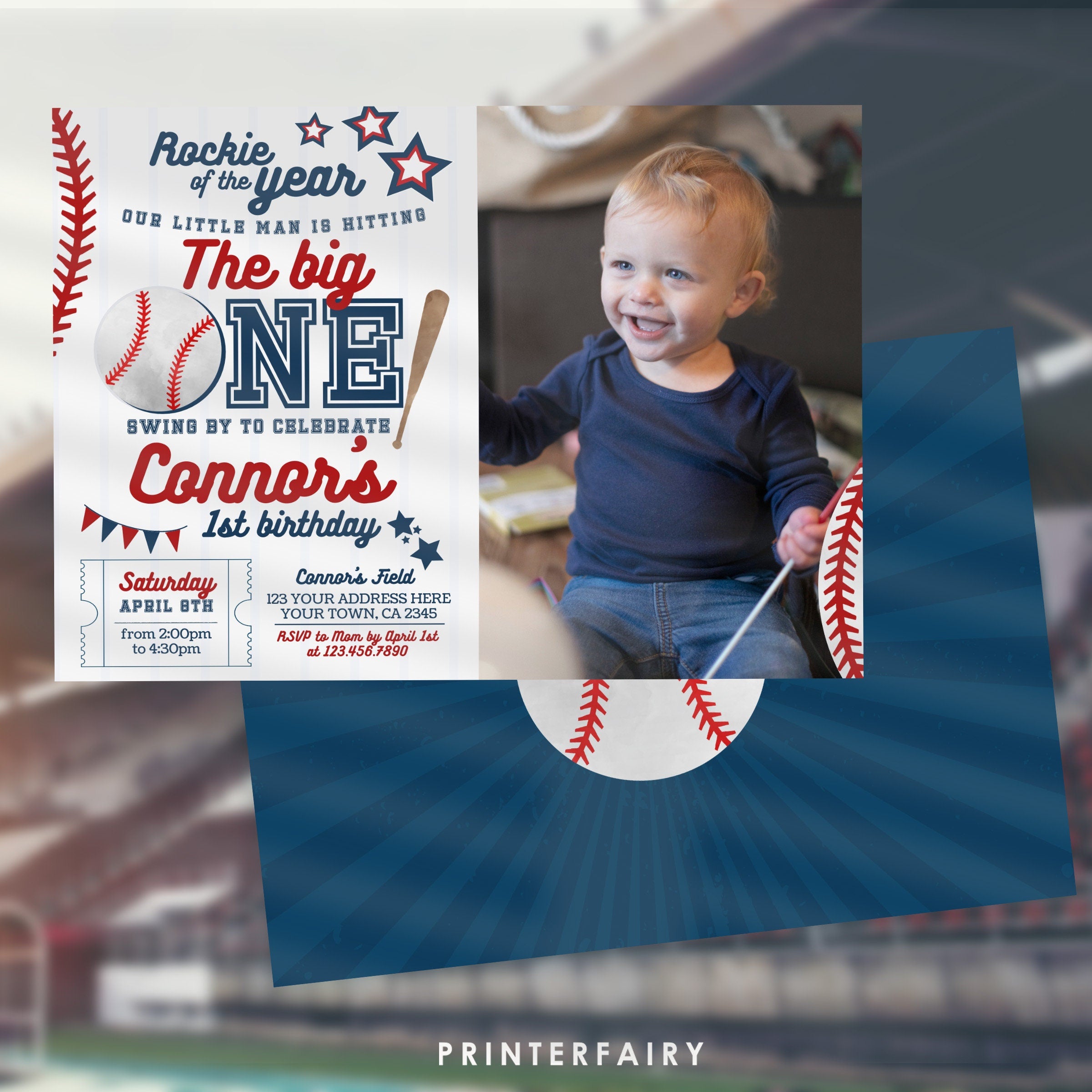 Baseball First Birthday Invitation with Photo, EDITABLE (Digital Item)