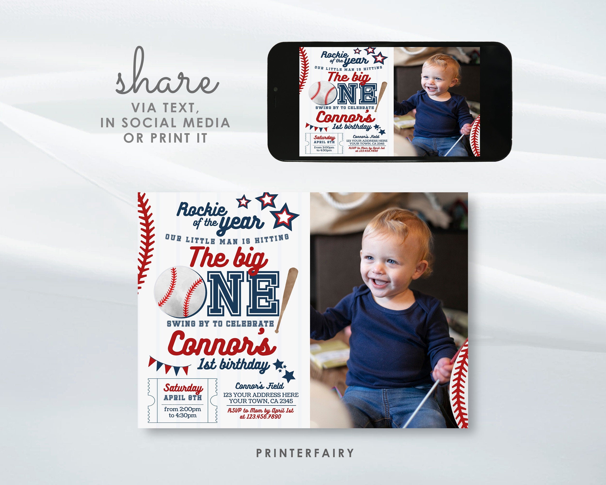 Baseball First Birthday Invitation with Photo, EDITABLE (Digital Item)