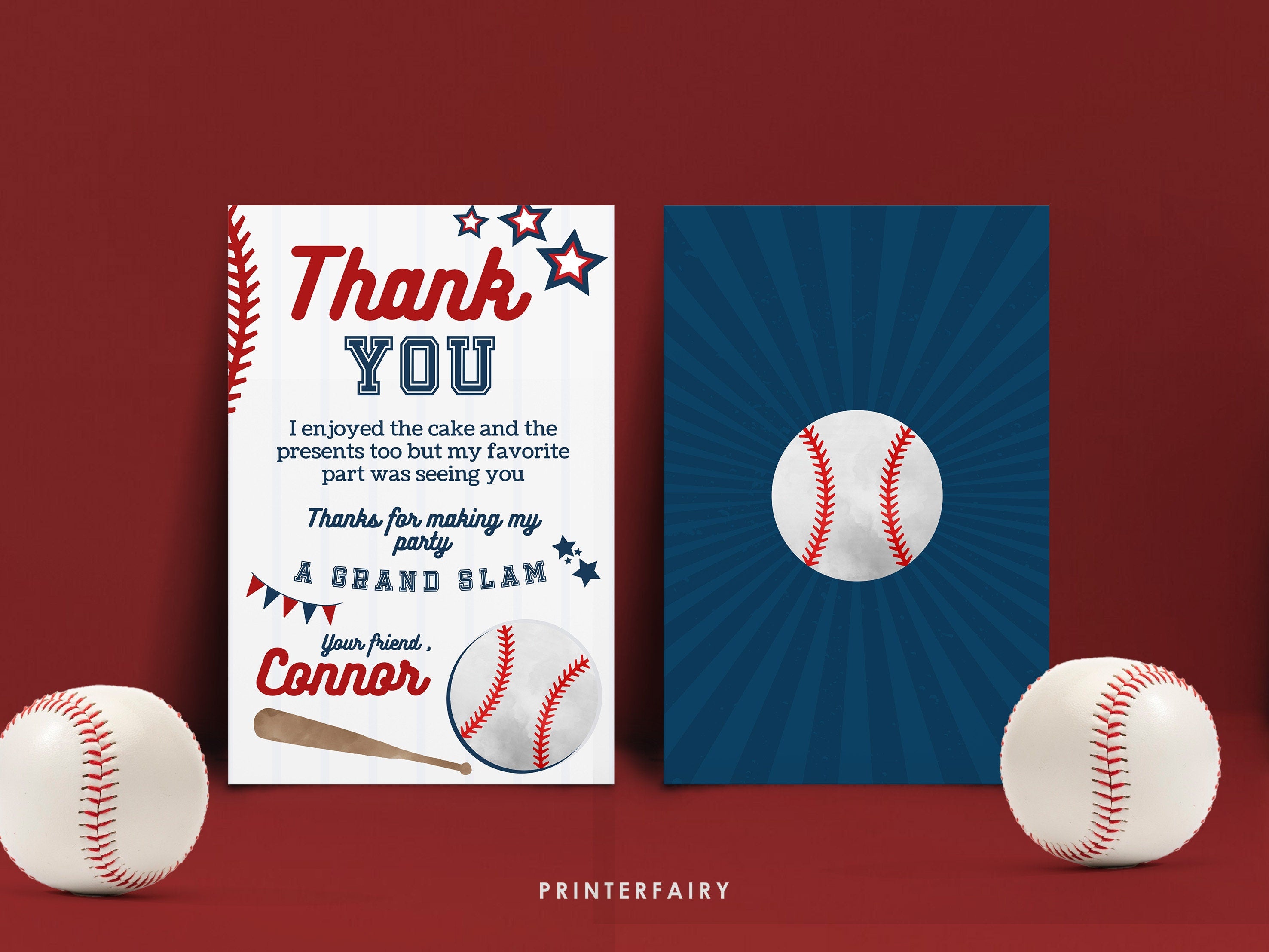Editable Baseball Thank You Card, Sports Birthday (Digital Item)