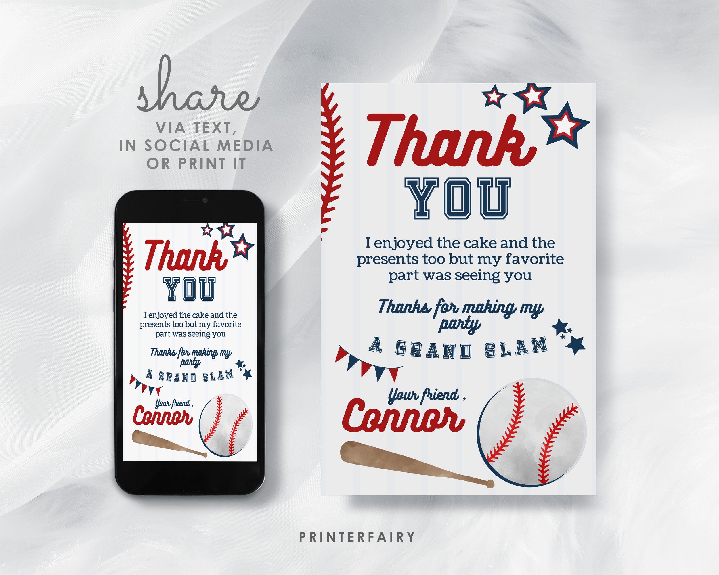 Editable Baseball Thank You Card, Sports Birthday (Digital Item)