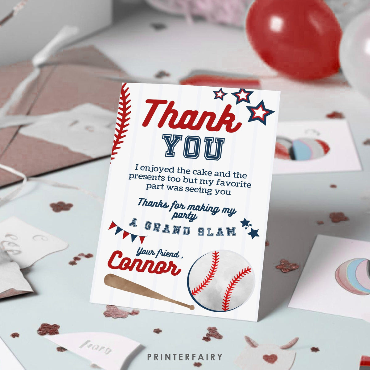 Editable Baseball Thank You Card, Sports Birthday (Digital Item)