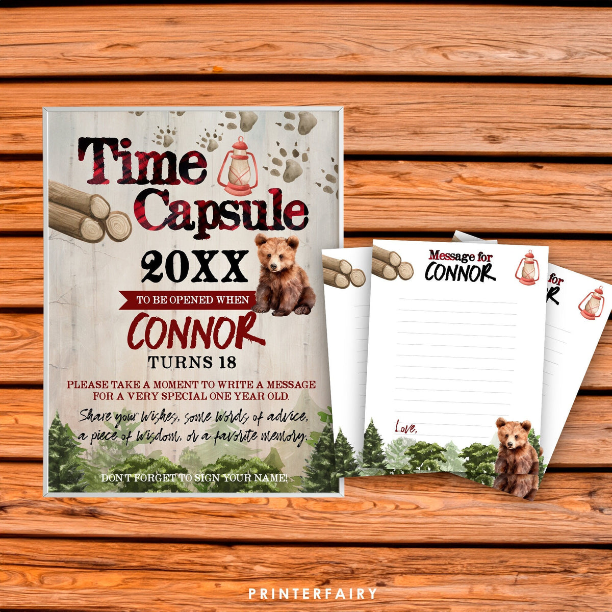 Lumberjack Theme Time Capsule, Editable Baby Bear Birthday Party Digital Decoration, Winter Woodland Printable