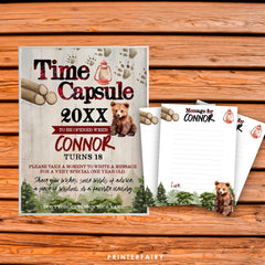 Lumberjack Theme Time Capsule, Editable Baby Bear Birthday Party Digital Decoration, Winter Woodland Printable