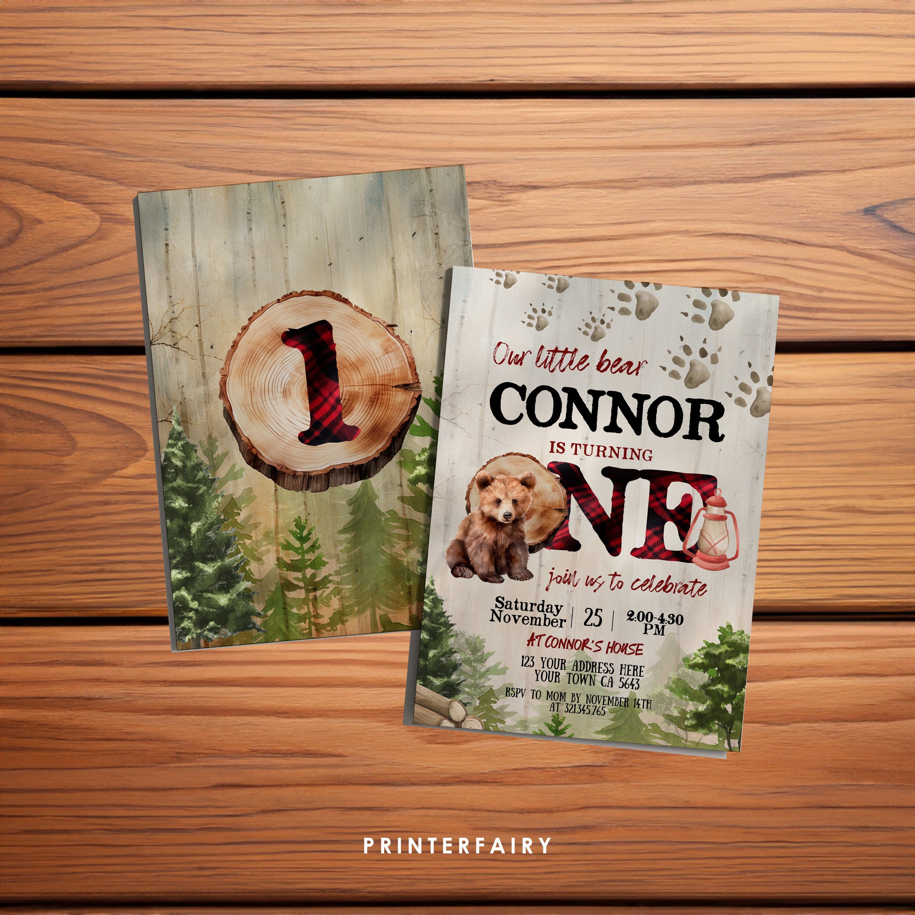 Lumberjack Bear 1st Birthday Invitation, Winter Woodland (Instant Download)
