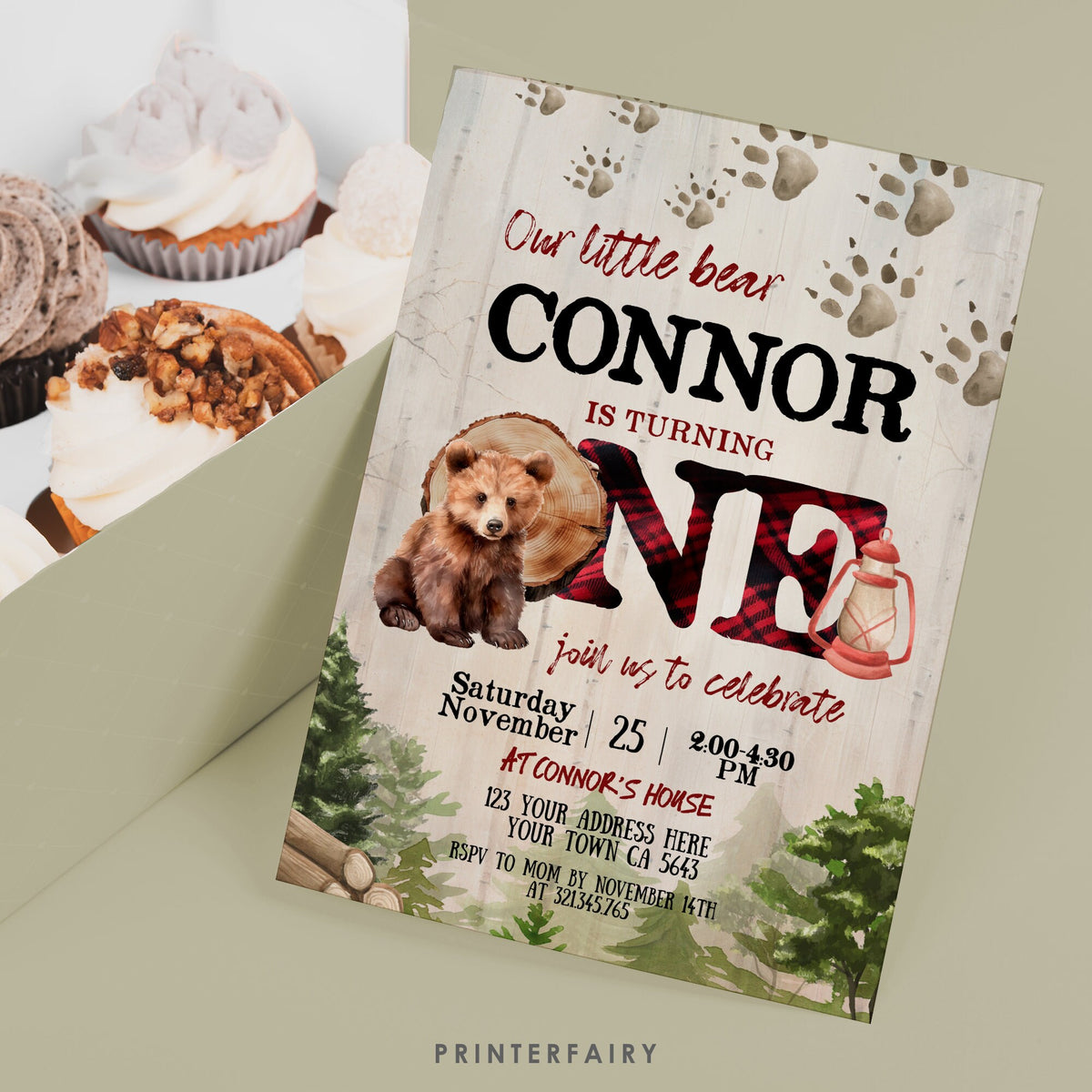 Lumberjack Bear 1st Birthday Invitation, Winter Woodland (Instant Download)