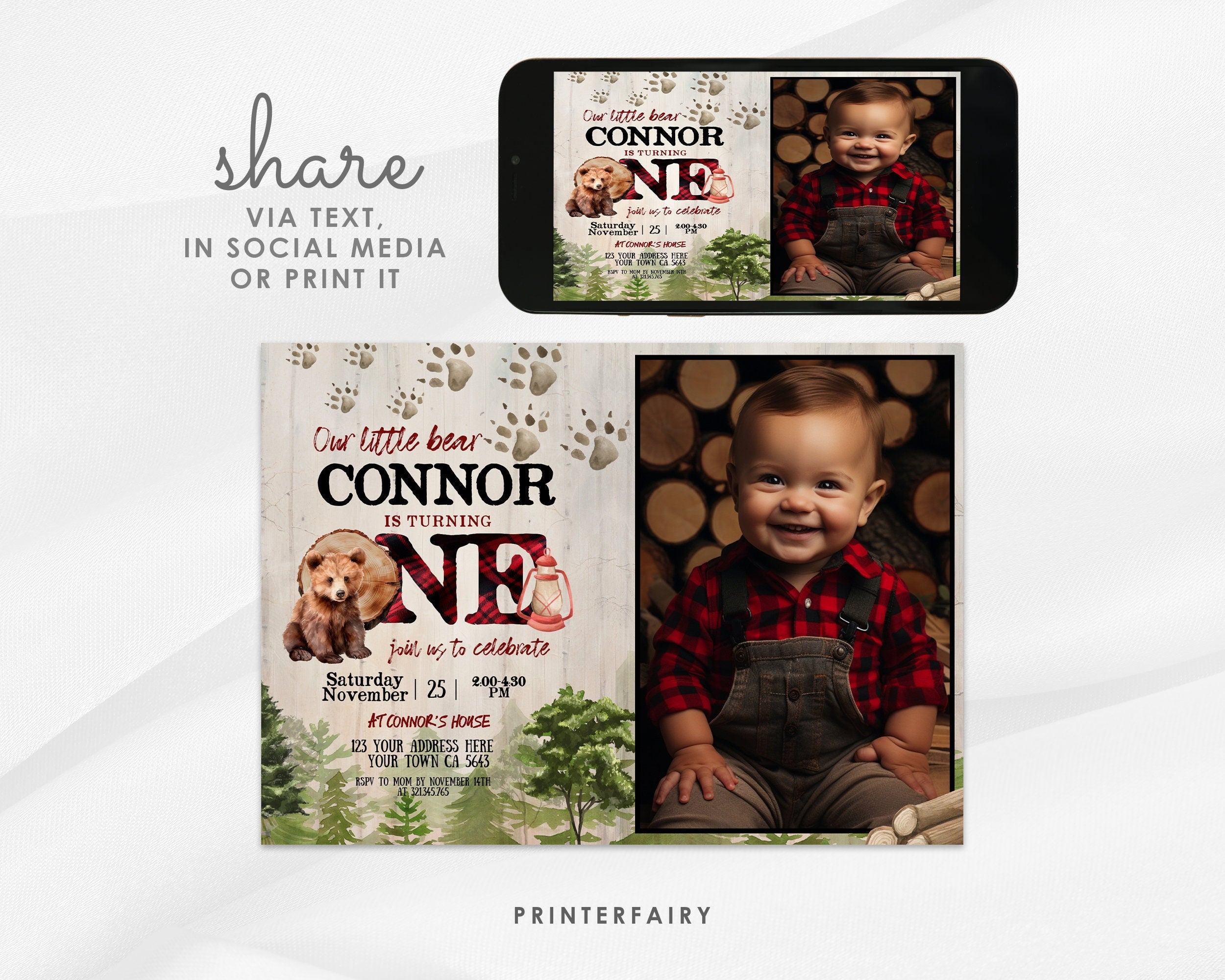 Baby Bear Lumberjack 1st Birthday Invitation with Photo (Digital Download)