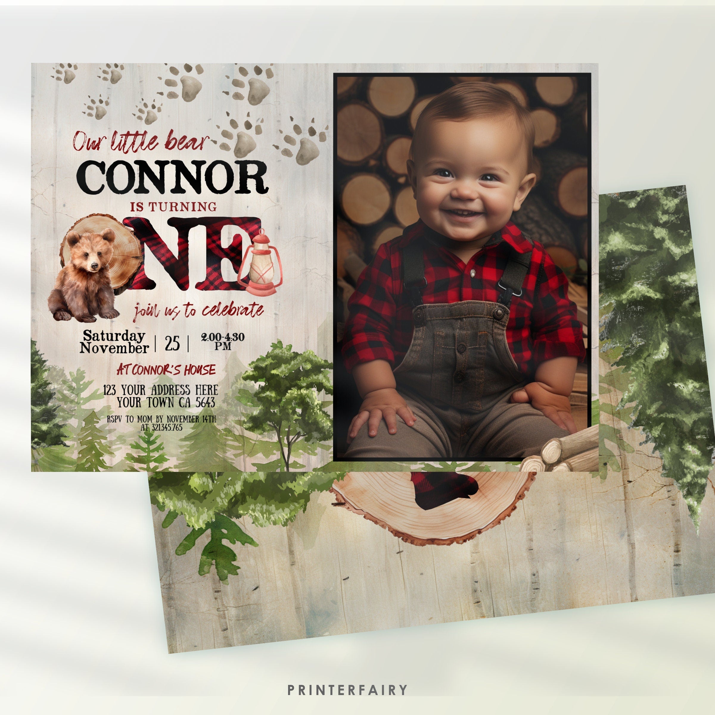 Baby Bear Lumberjack 1st Birthday Invitation with Photo (Digital Download)
