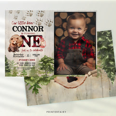 Baby Bear Lumberjack 1st Birthday Invitation with Photo (Digital Download)