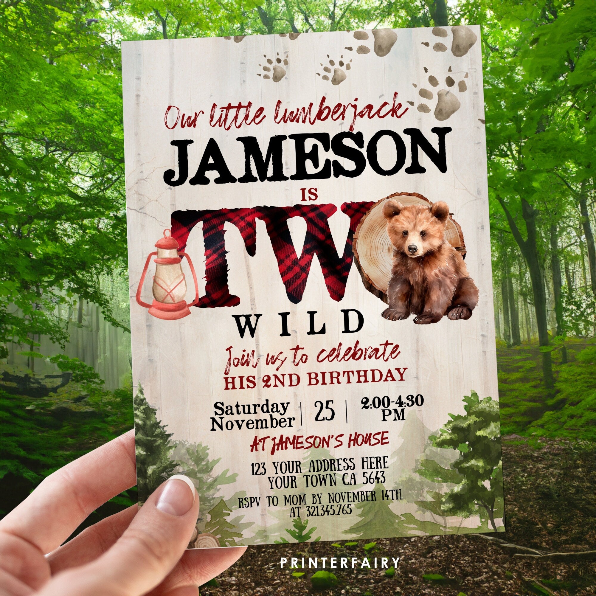 Lumberjack Bear 2nd Birthday Invitation, Two Wild (Instant Download)