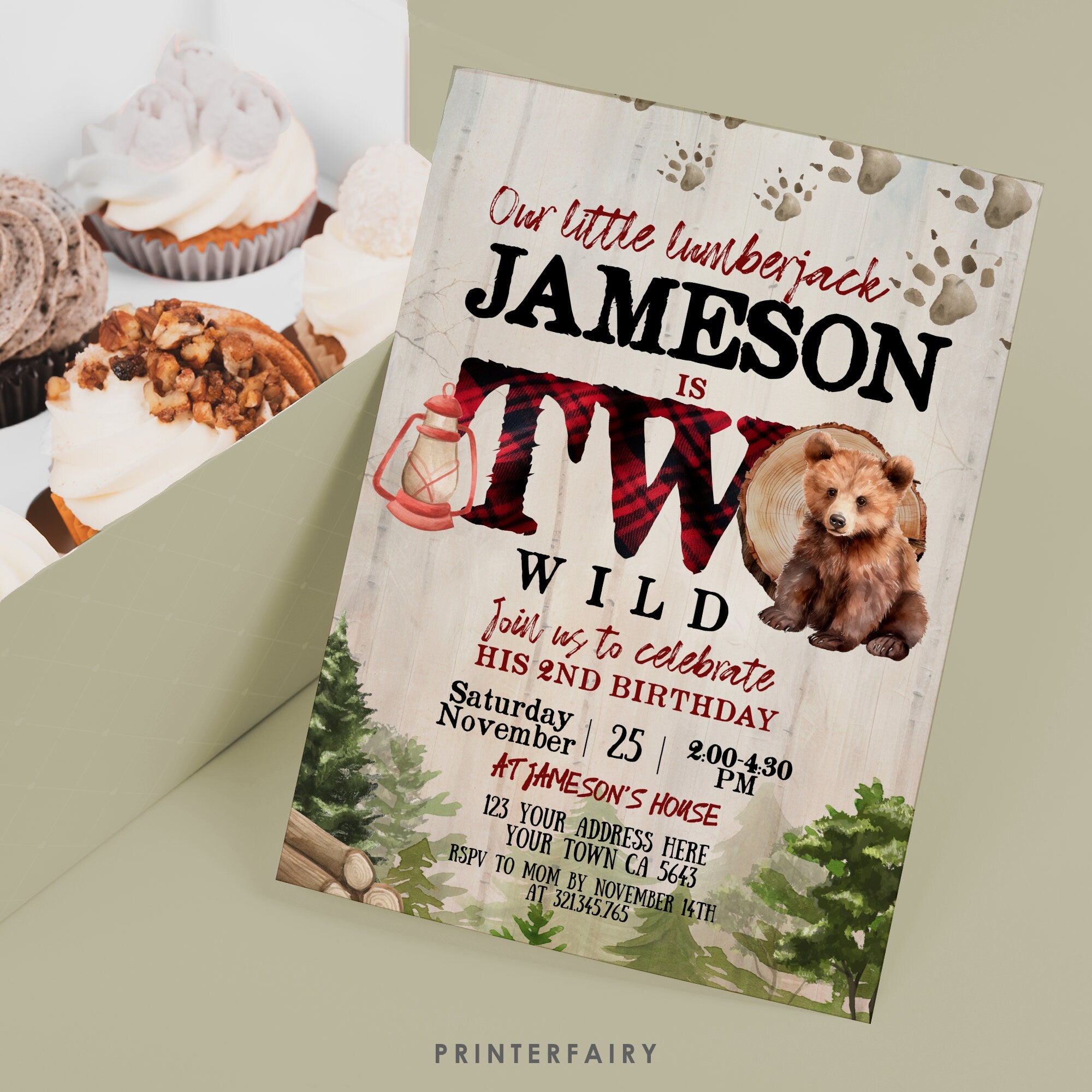 Lumberjack Bear 2nd Birthday Invitation, Two Wild (Instant Download)