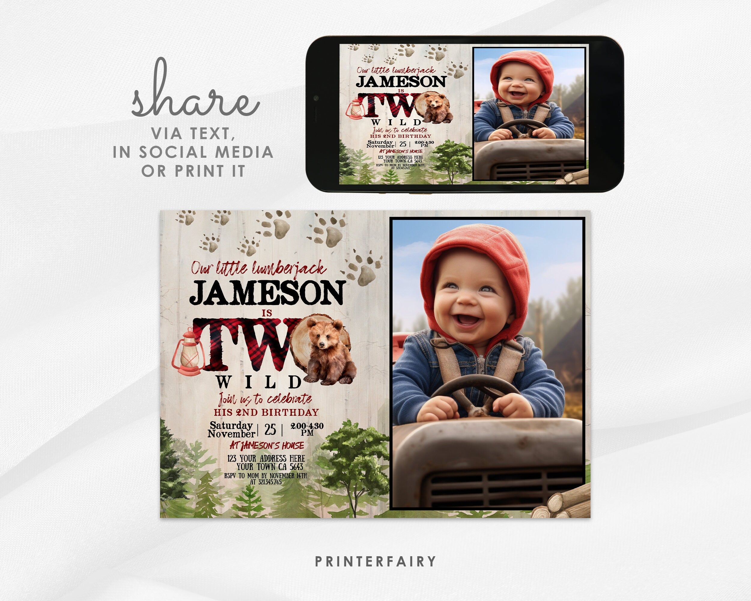 Baby Bear 2nd Birthday Invitation with Photo, Lumberjack Party (Instant Download)