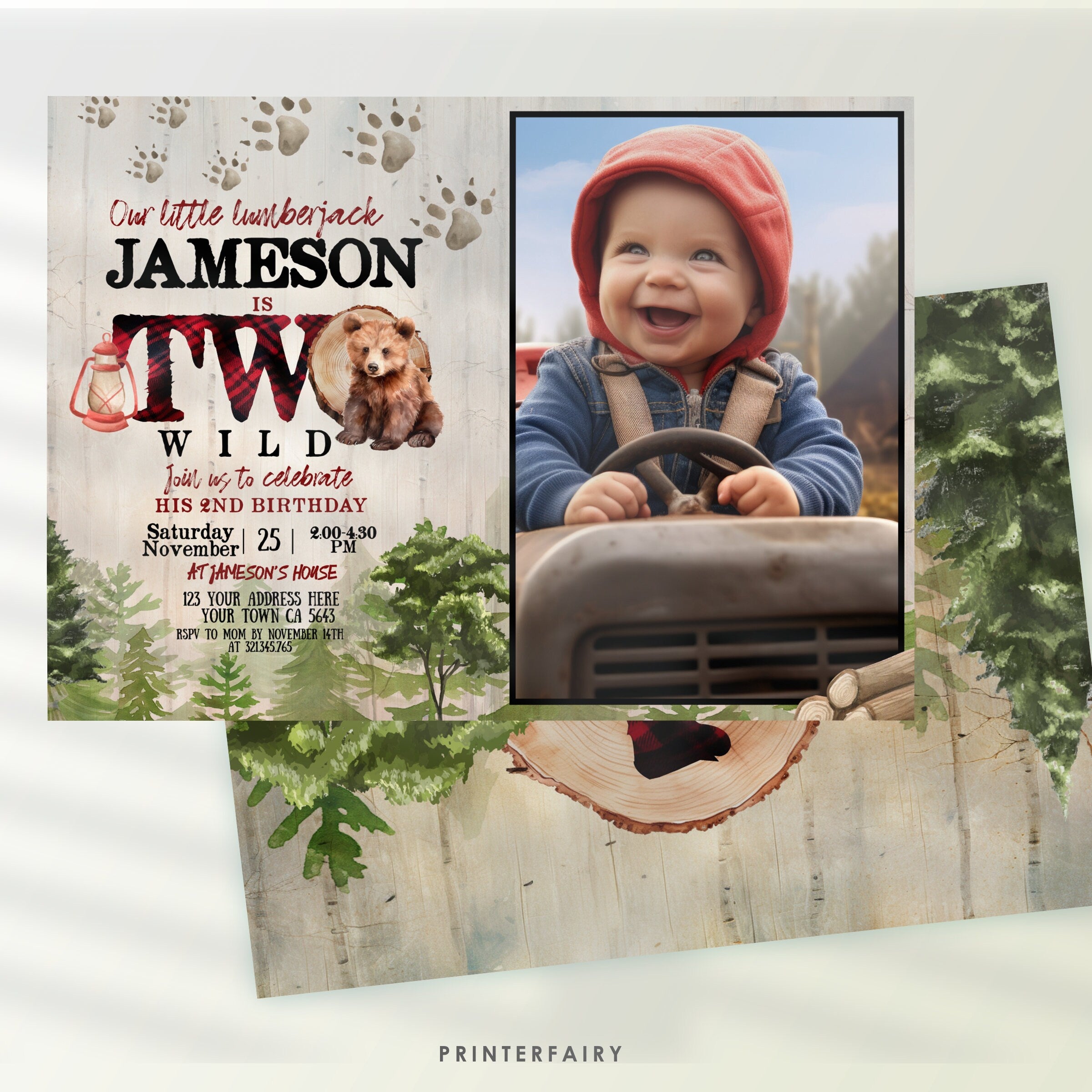 Baby Bear 2nd Birthday Invitation with Photo, Lumberjack Party (Instant Download)