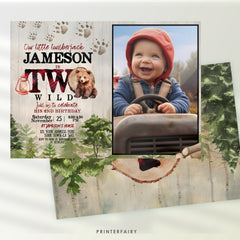 Baby Bear 2nd Birthday Invitation with Photo, Lumberjack Party (Instant Download)