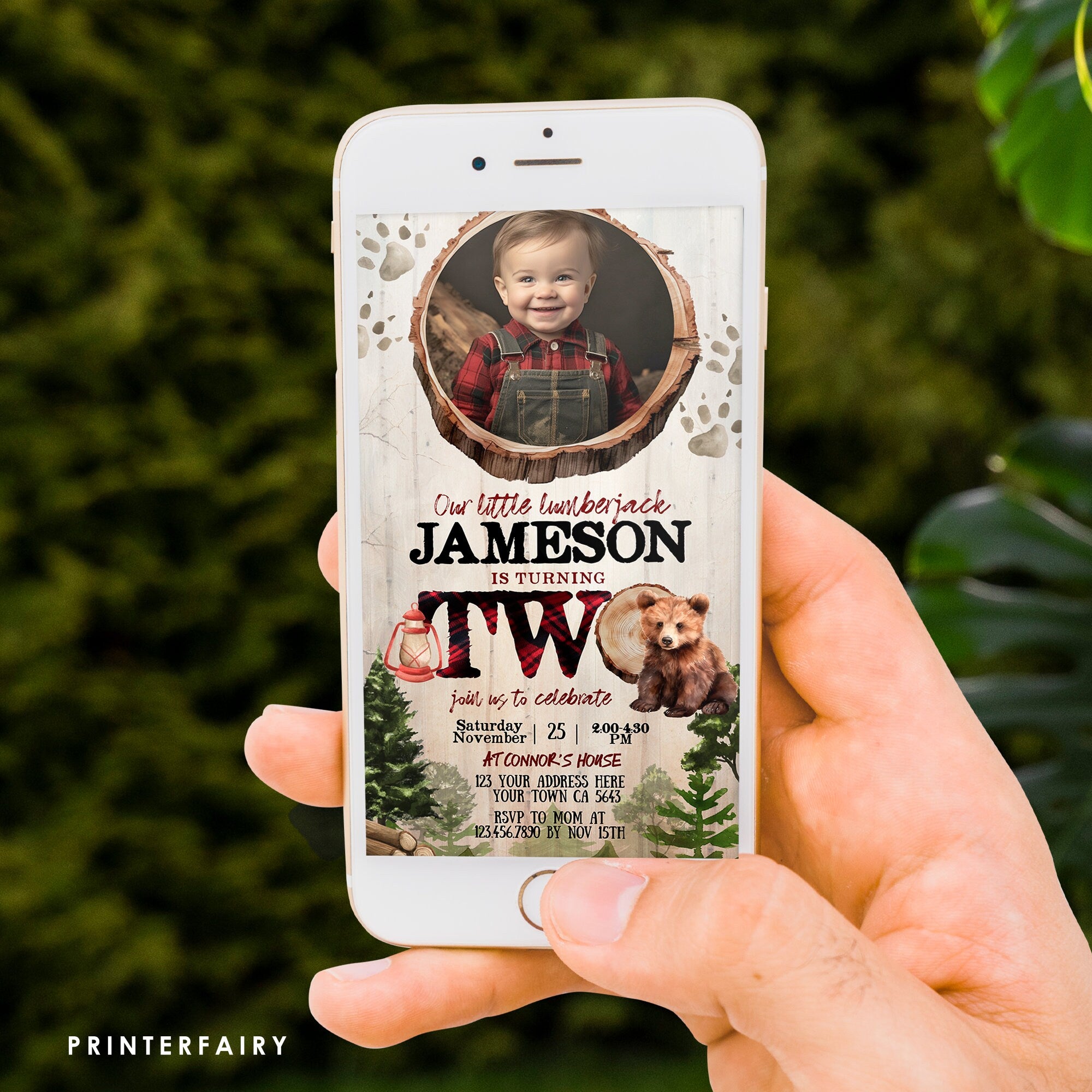 Lumberjack Bear 2nd Birthday evite, Editable Birthday Invitation, Instant Download