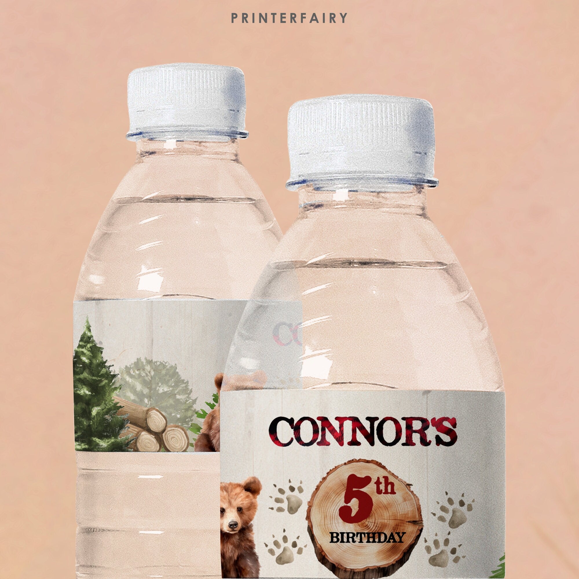 Lumberjack Bear Birthday Water Bottle Label, Winter Woodland (Printable Stickers)