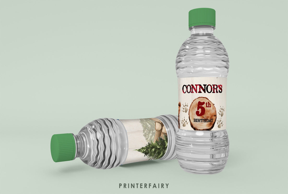 Lumberjack Bear Birthday Water Bottle Label, Winter Woodland (Printable Stickers)