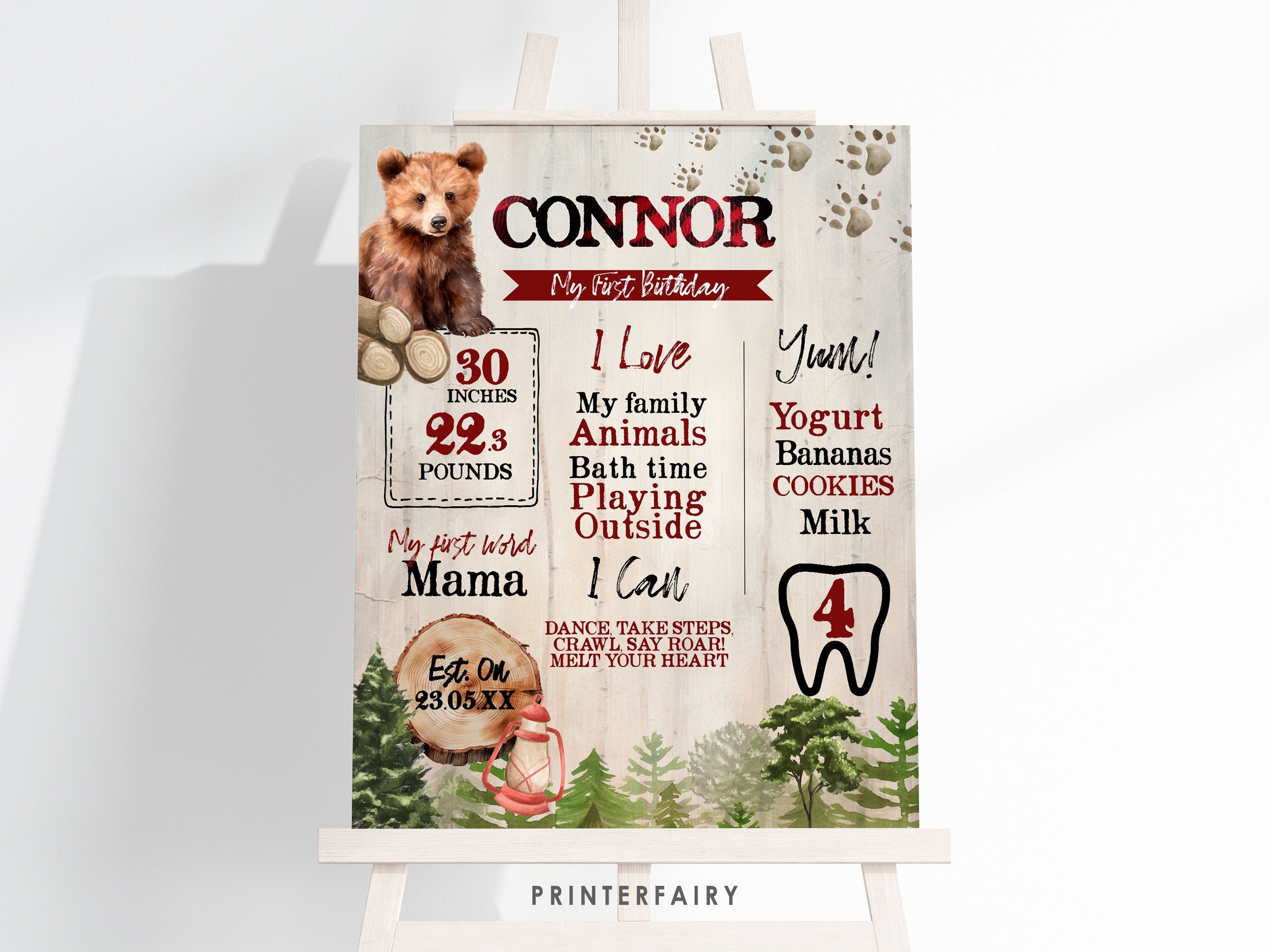 Editable Bear Lumberjack 1st Birthday Board (Digital Download)