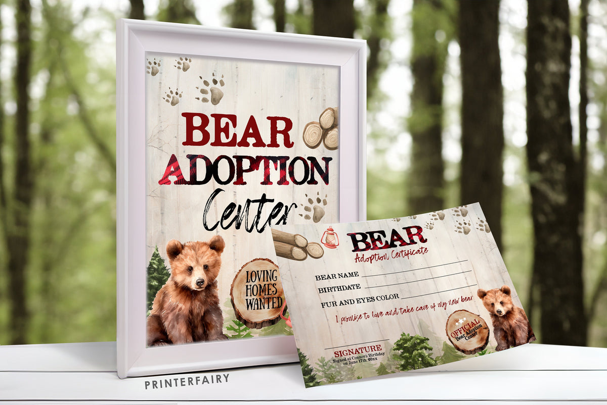 Editable Lumberjack Bear Adoption Certificate, Sign (Digital Download)
