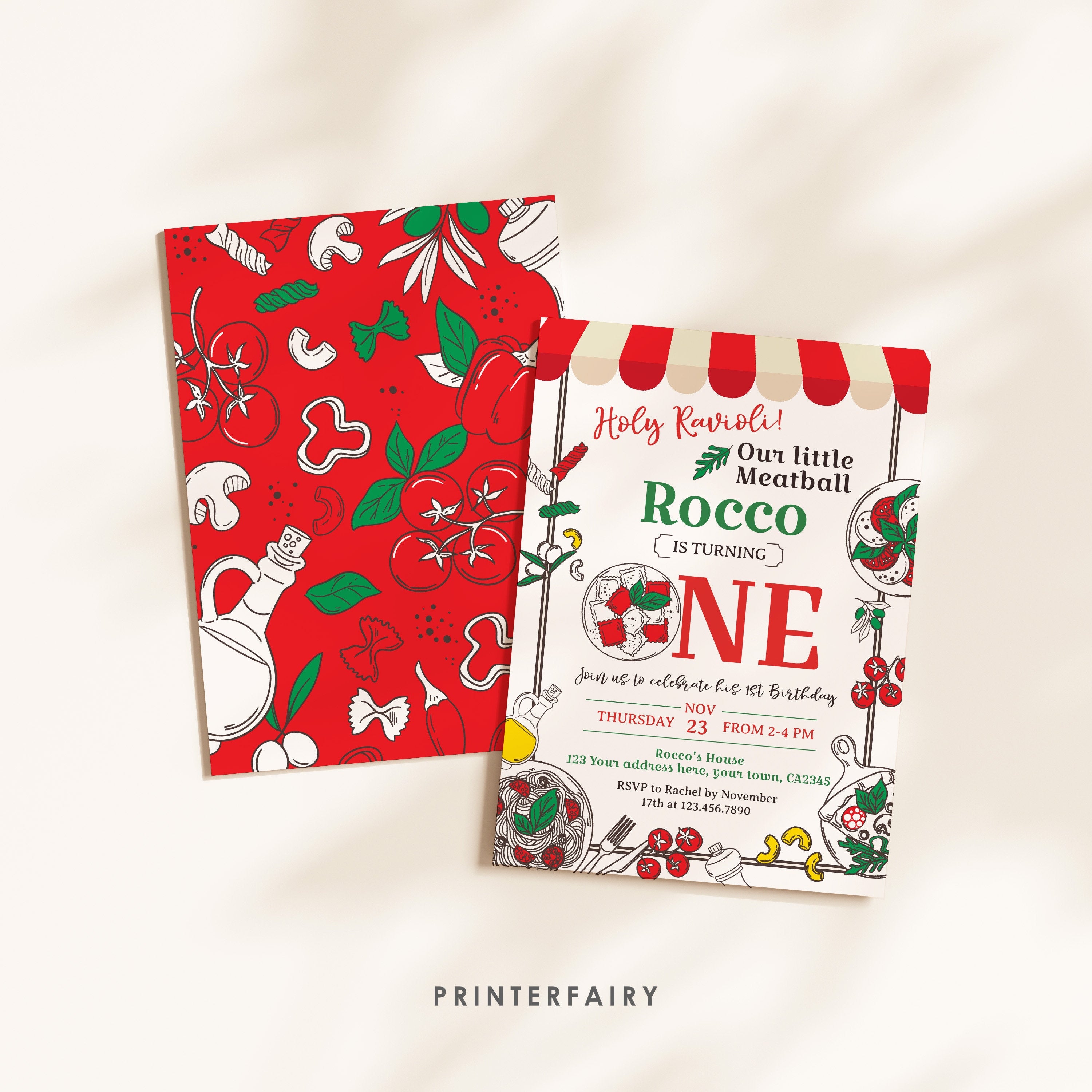 Pizza 1st Birthday Invitation, Italian Theme (Editable)