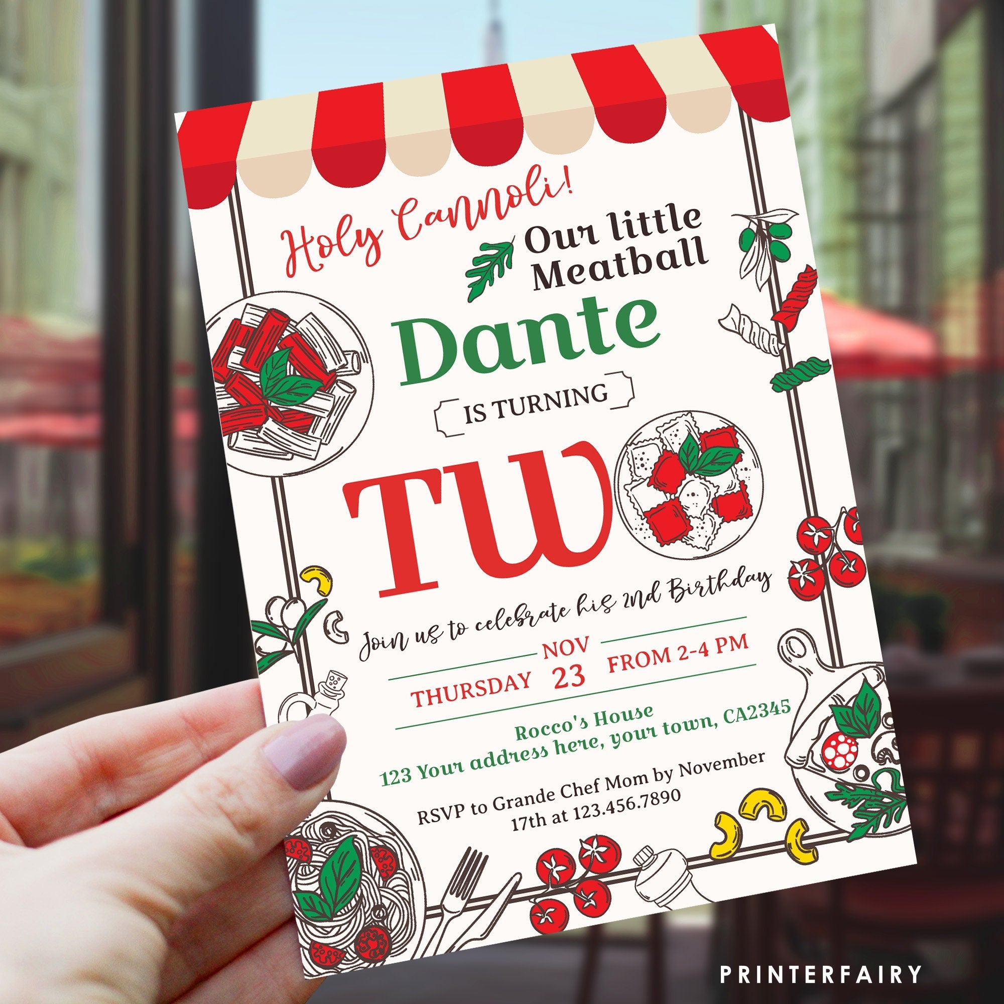 Pizza 2nd Birthday Invitation, Little Meatball, Editable Invite (Digital)
